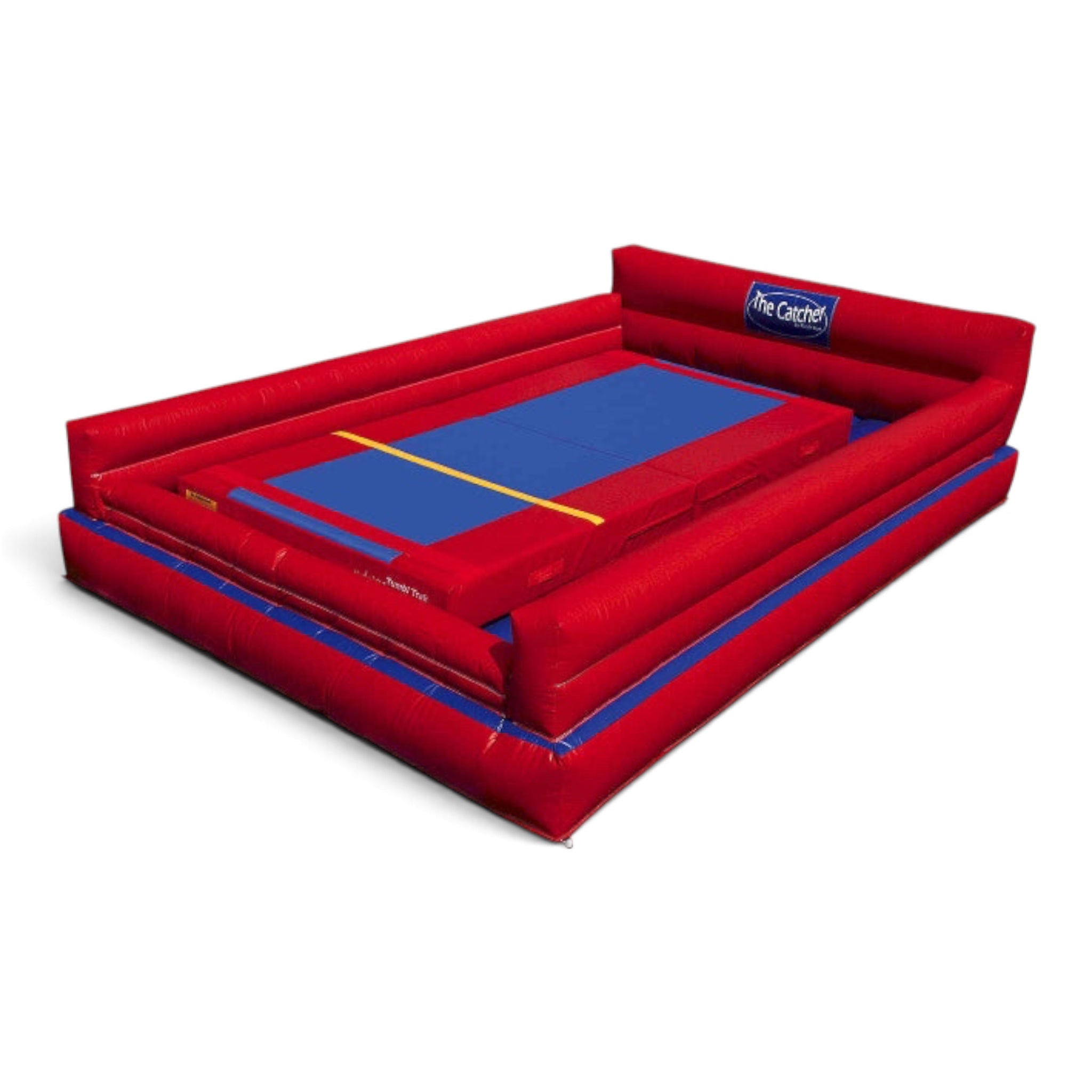 UK Gym Pits inflatable Catcher landing mat with red sides and a royal blue tumbling bed for gymnastics training
