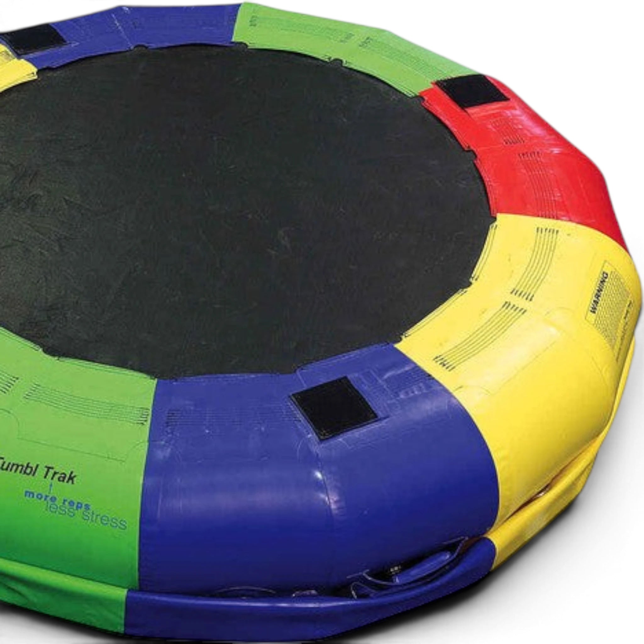 UK Gym Pits multi-coloured inflatable fitness wheel with black centre, featuring Velcro squares and heavy-duty handles.