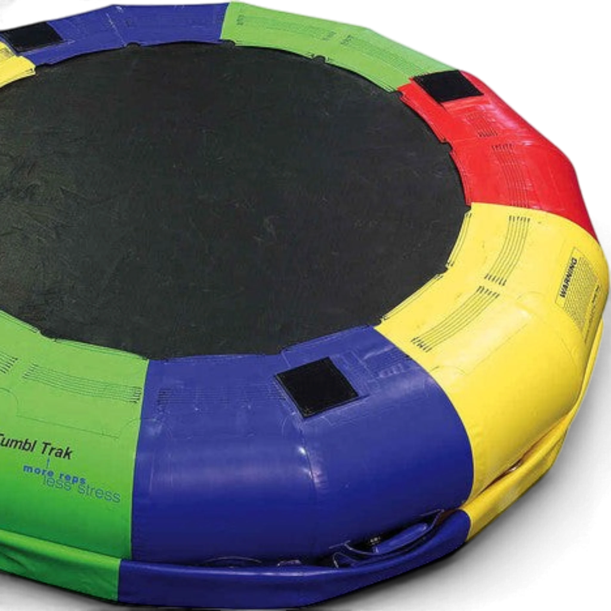 UK Gym Pits multi-coloured inflatable fitness wheel with black centre, featuring Velcro squares and heavy-duty handles.