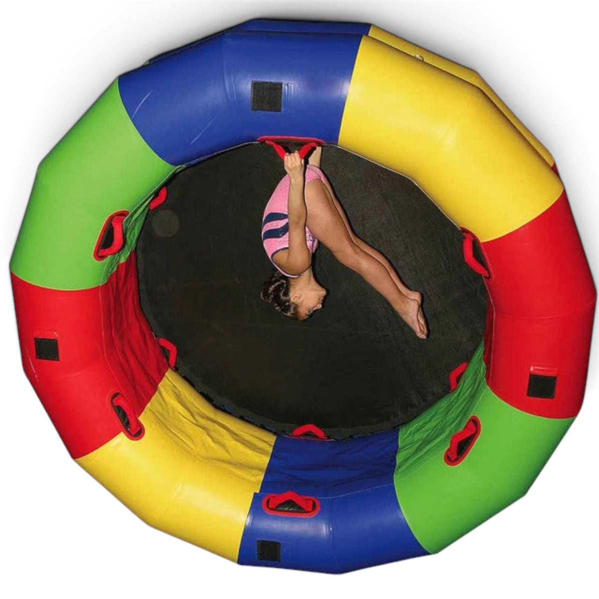 UK Gym Pits multi-coloured inflatable fitness wheel with a child performing a gymnastic roll inside the ring