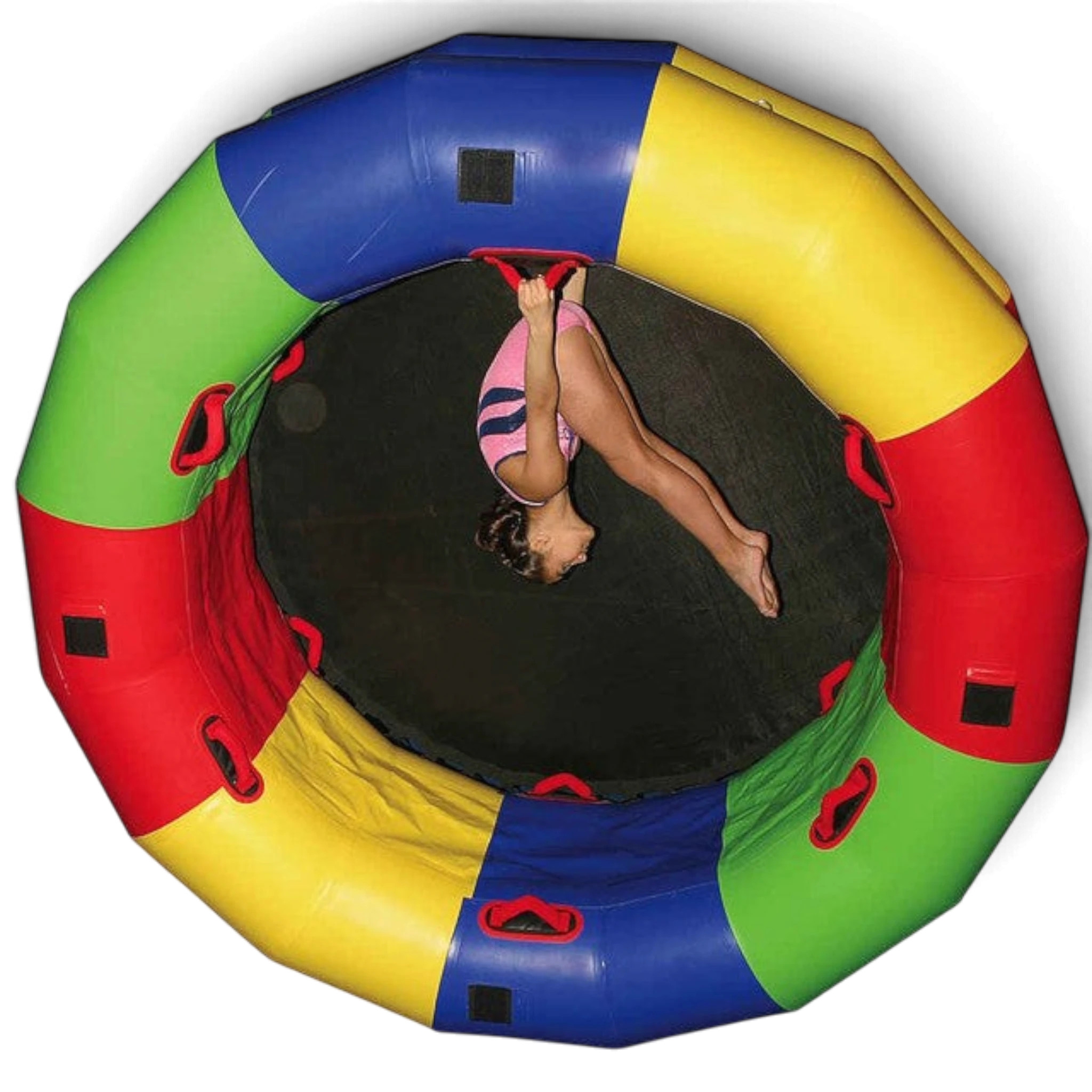 UK Gym Pits multi-coloured inflatable fitness wheel with a child performing a gymnastic roll inside the ring