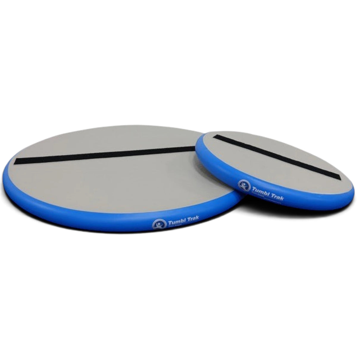 UK Gym Pits inflatable fitness wheels in blue and grey with black centre lines for gymnastics and balance training