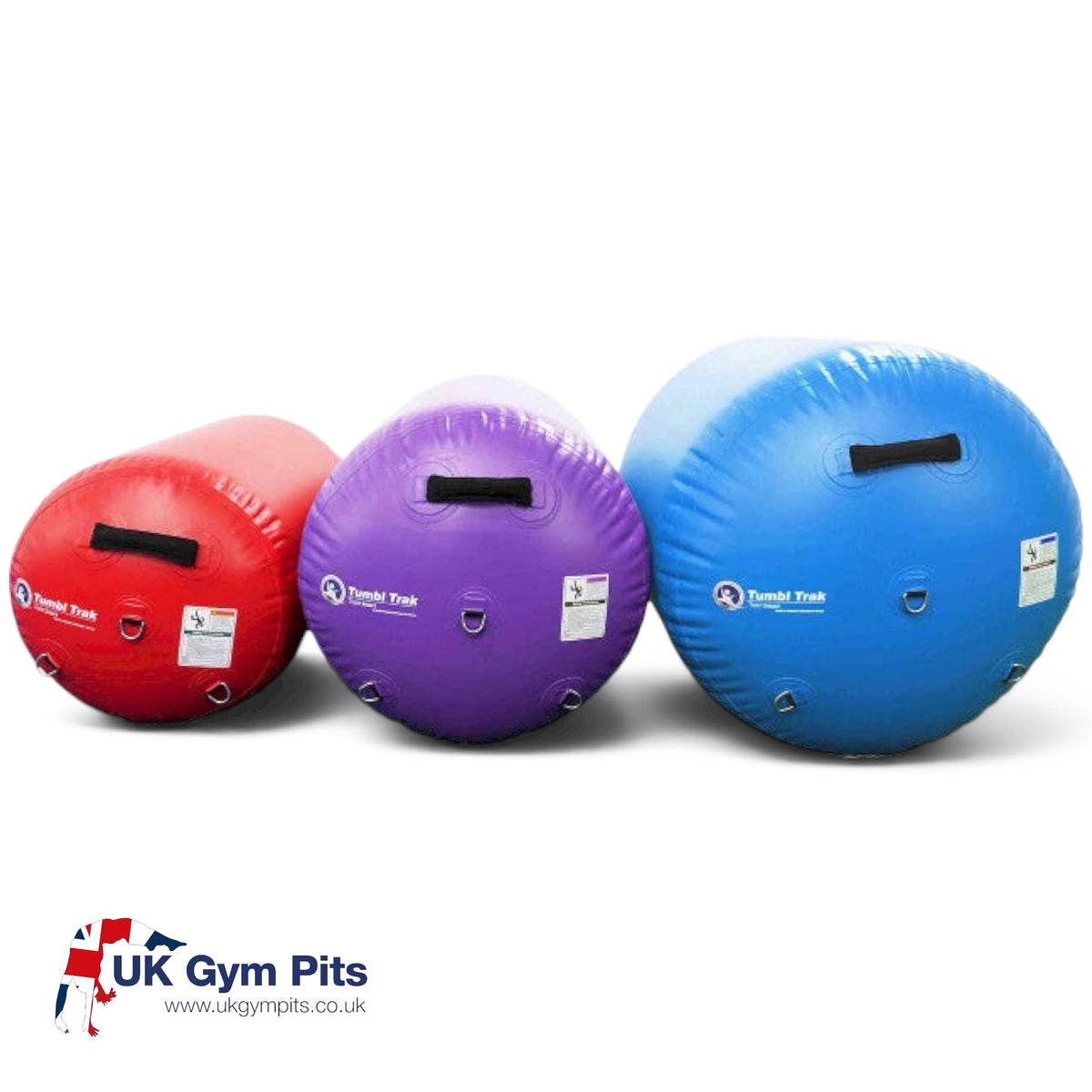 UK Gym Pits inflatable air barrels in red, purple, and blue for gymnastics training with handles and d-rings