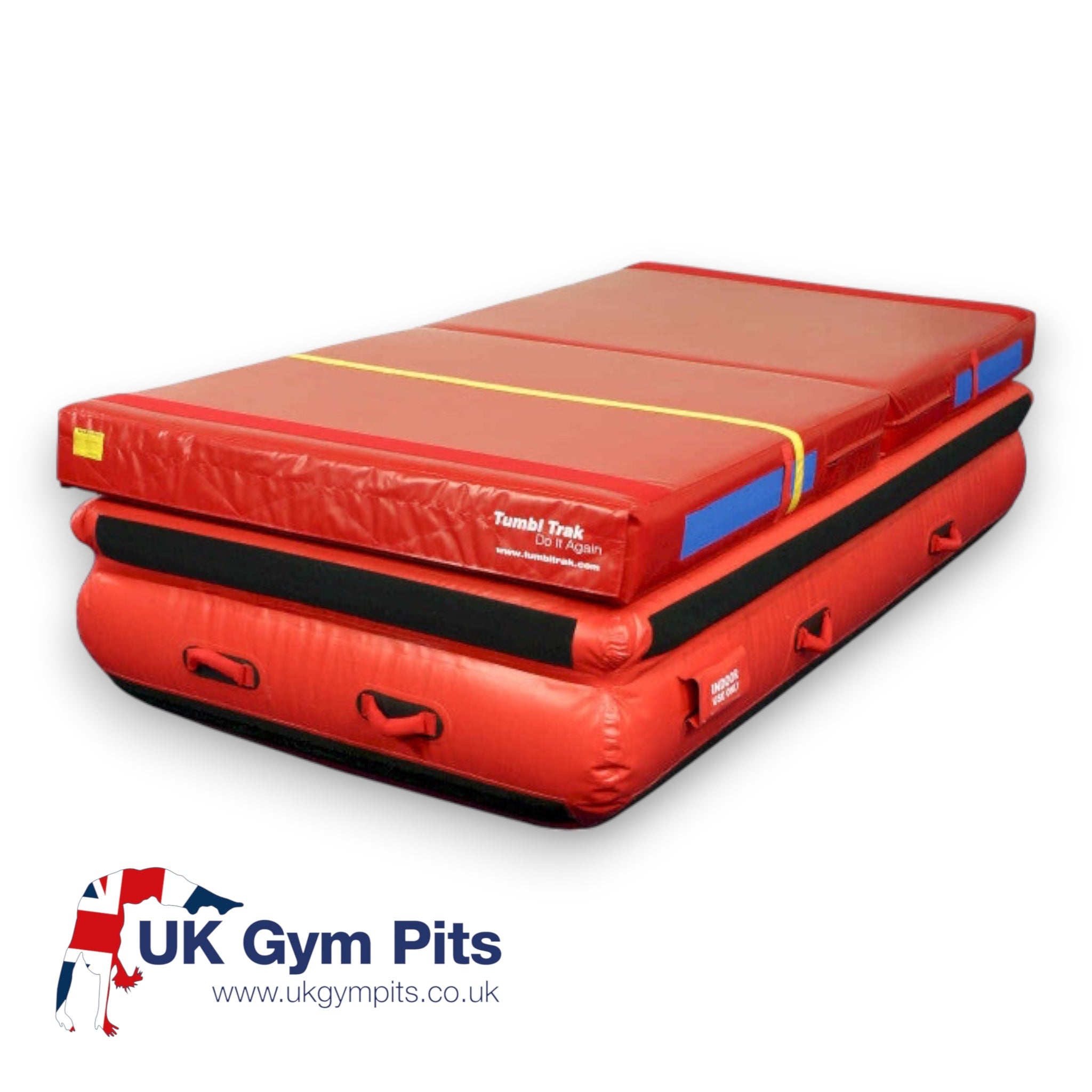 UK Gym Pits air platform package with red inflatable base and practice mat for gymnastics training