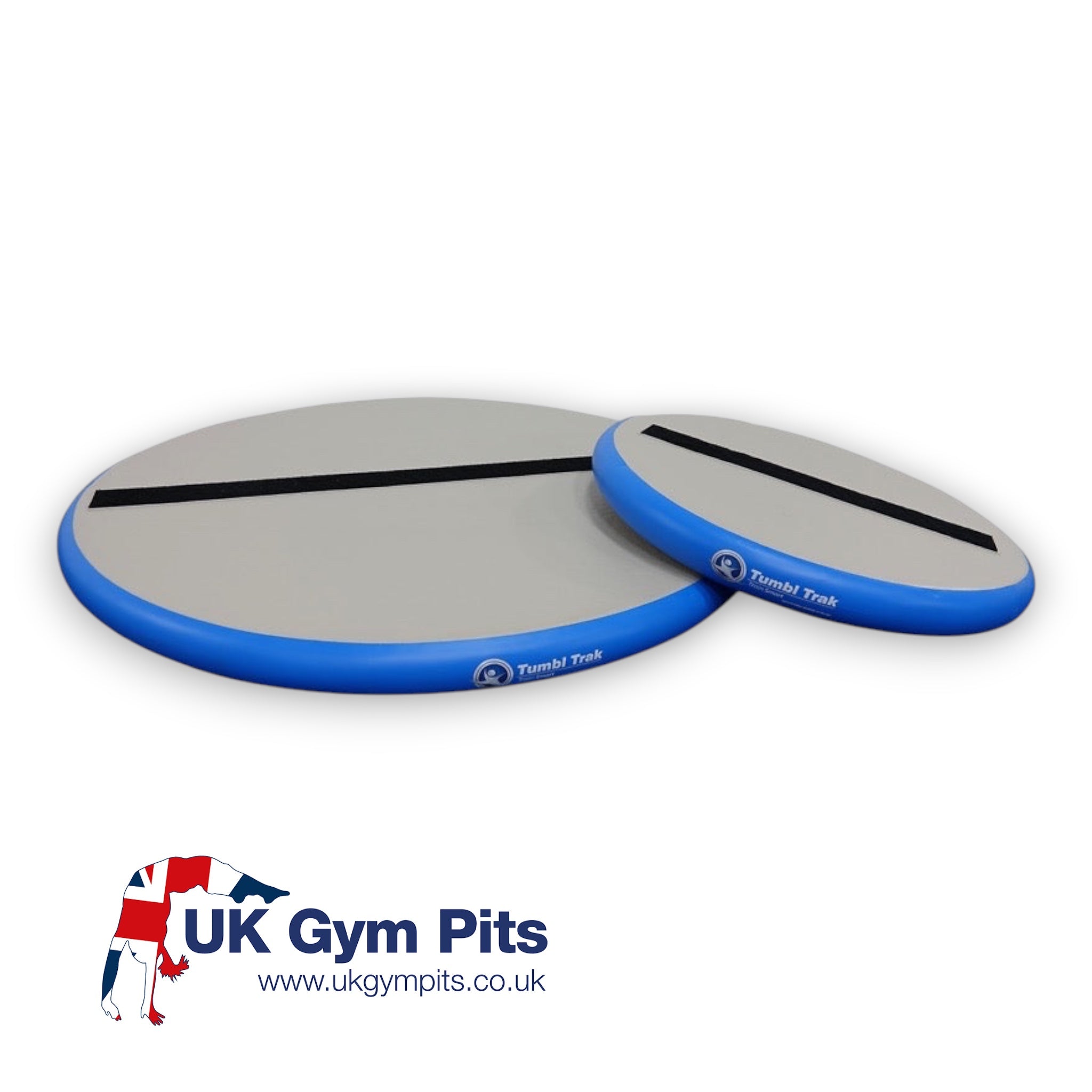UK Gym Pits air-filled round hot spots in blue and grey with Velcro strips for gymnastics training stations