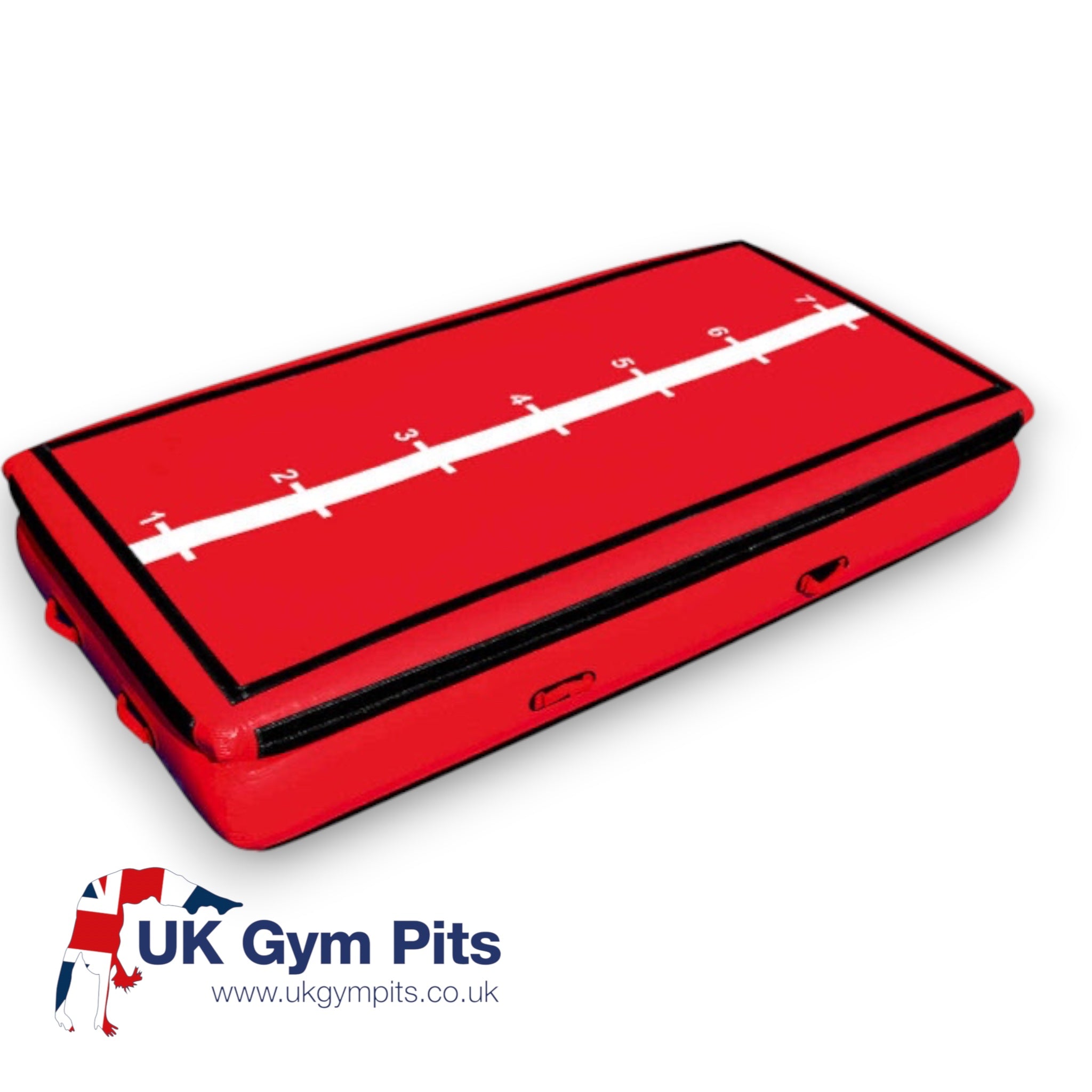UK Gym Pits inflatable red air platform with white measurement line and black trim for gymnastics training