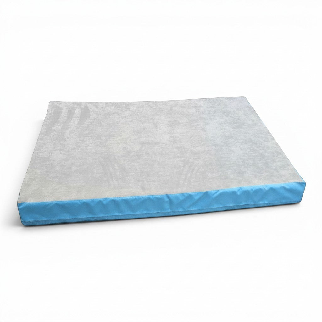 UK Gym Pits jersey topped crash mat with a soft grey fabric surface and blue PVC sides for gymnastics training