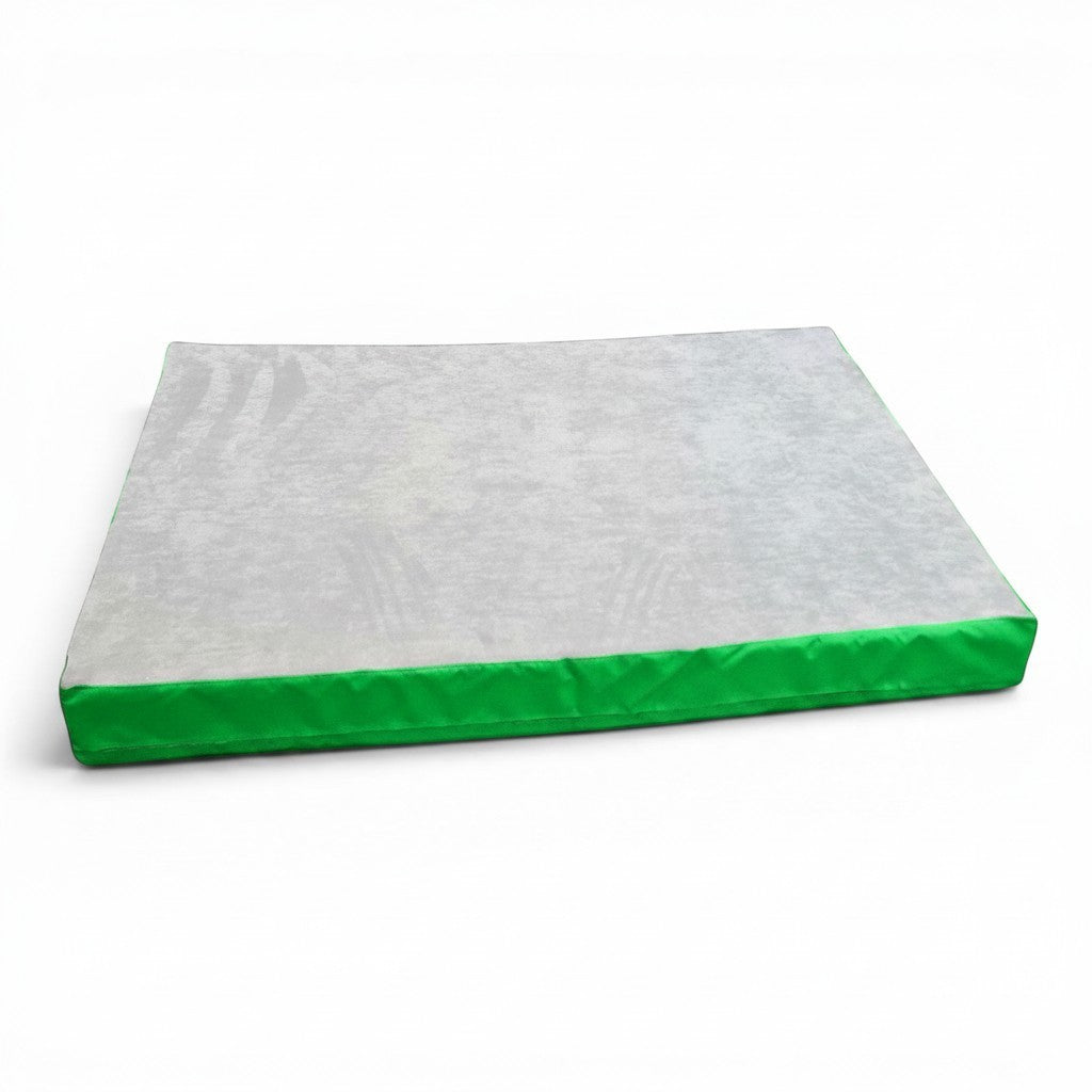 UK Gym Pits jersey topped crash mat with a soft grey fabric surface and durable green PVC sides for gymnastics safety.