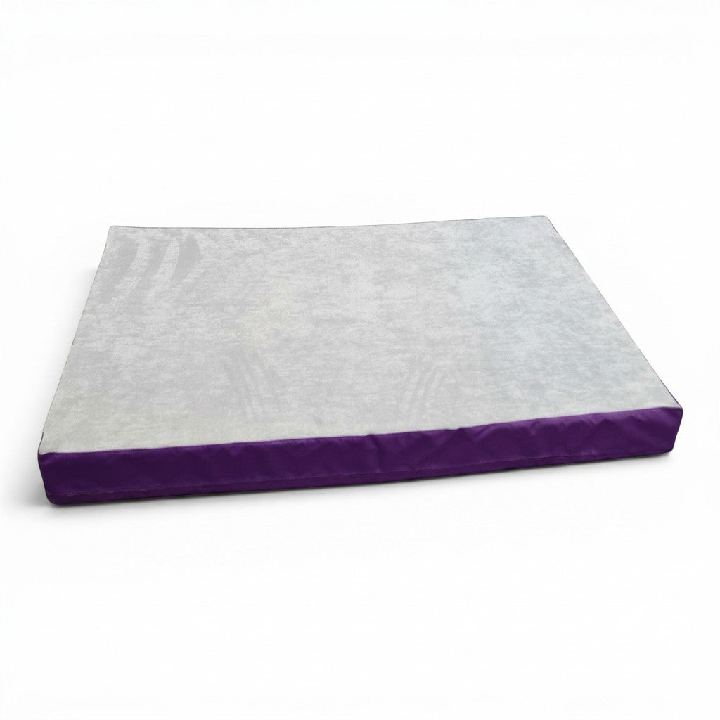 UK Gym Pits jersey topped crash mat with a grey fabric surface and purple PVC sides for gymnastics and sports.