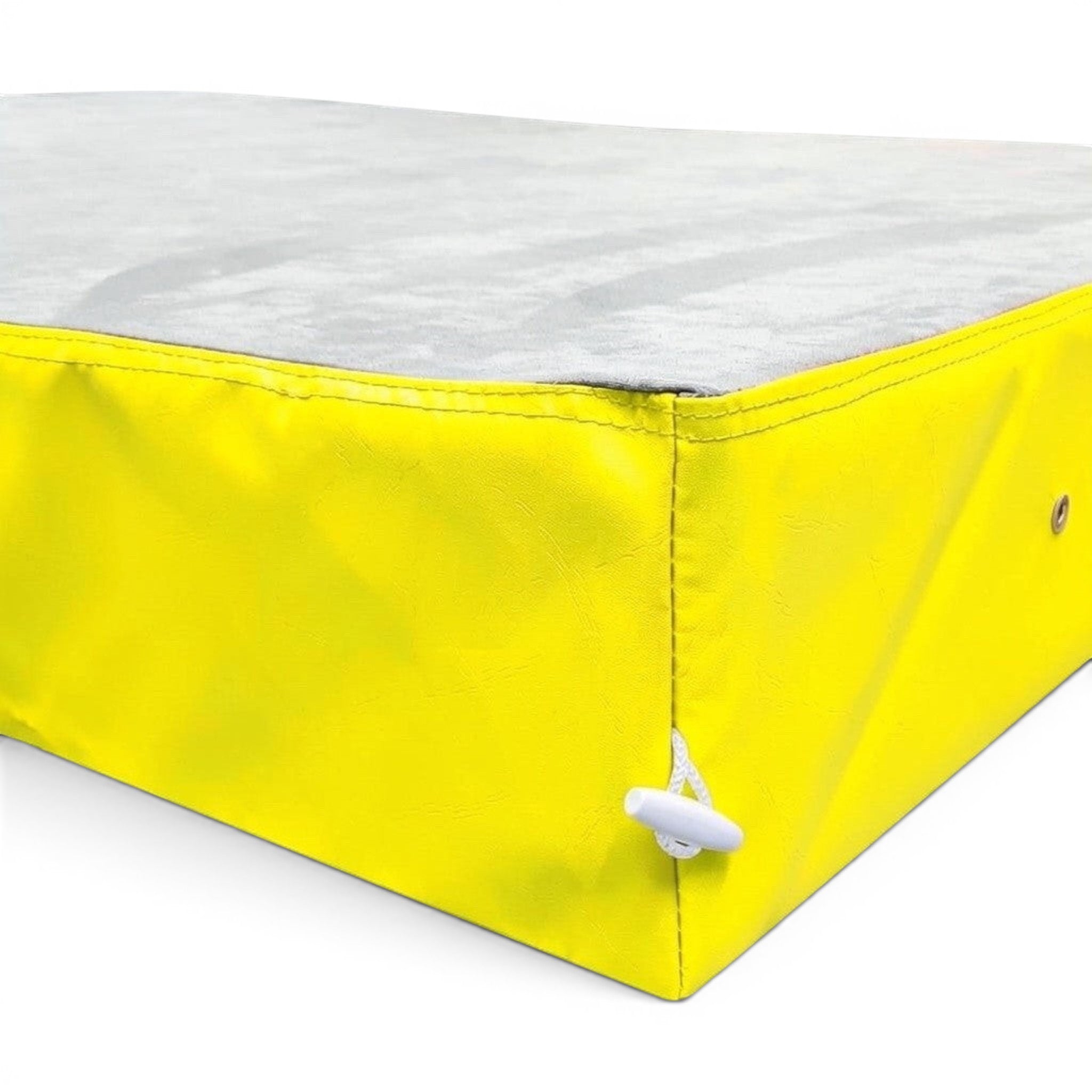 UK Gym Pits jersey topped crash mat with a grey fabric surface and bright yellow PVC sides featuring a toggle fastener