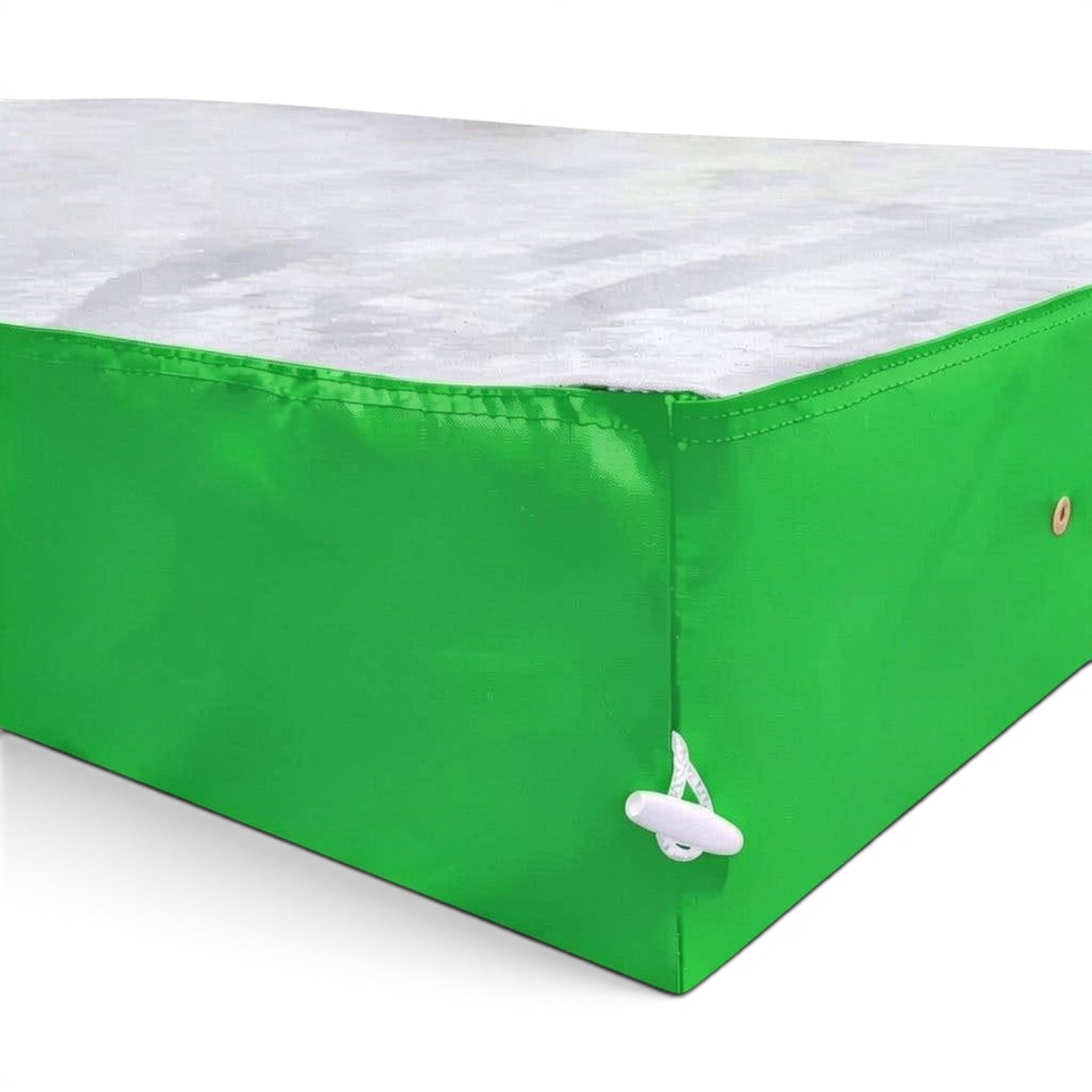 UK Gym Pits jersey topped crash mat with a grey fabric surface and vibrant green PVC sides featuring toggle fasteners.