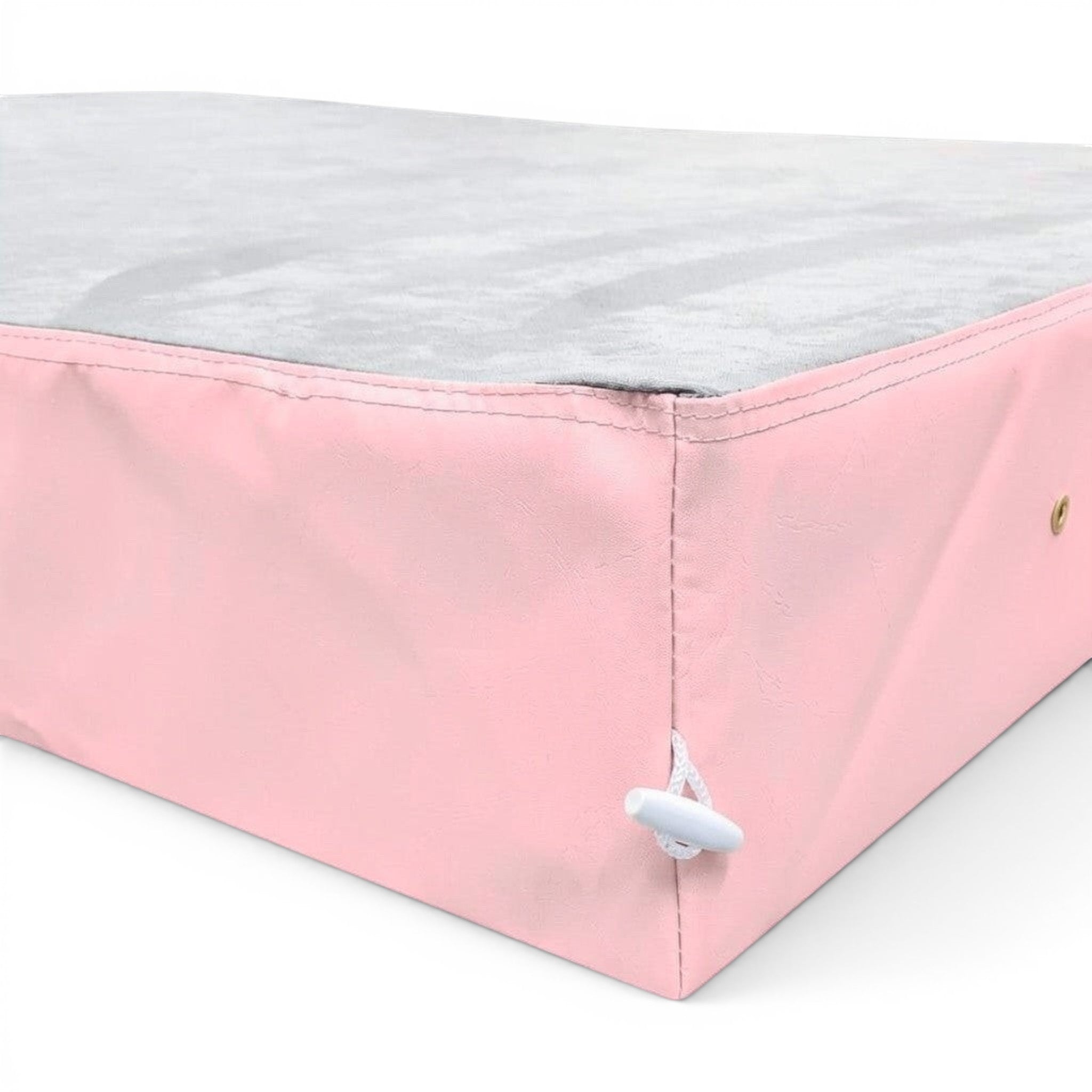 UK Gym Pits jersey topped crash mat with a soft grey fabric surface and durable pink PVC sides with toggle connector