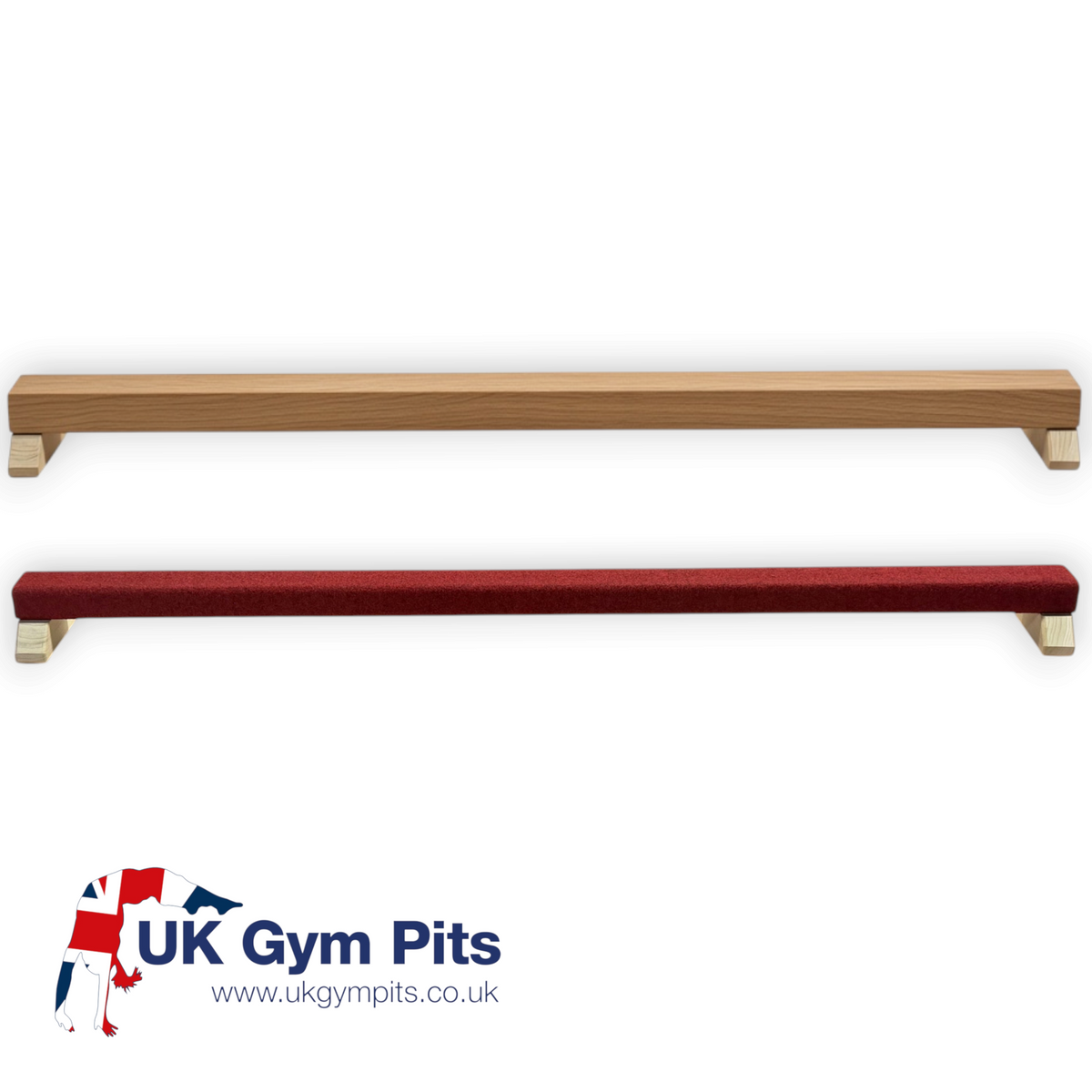UK Gym Pits junior balance beams in natural timber and red carpet finishes with timber support legs.