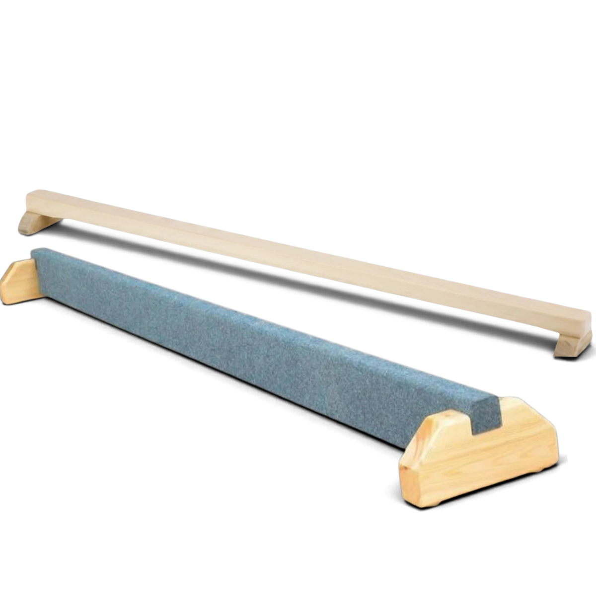 UK Gym Pits junior balance beams in natural timber and grey carpeted finish with sturdy wooden support legs