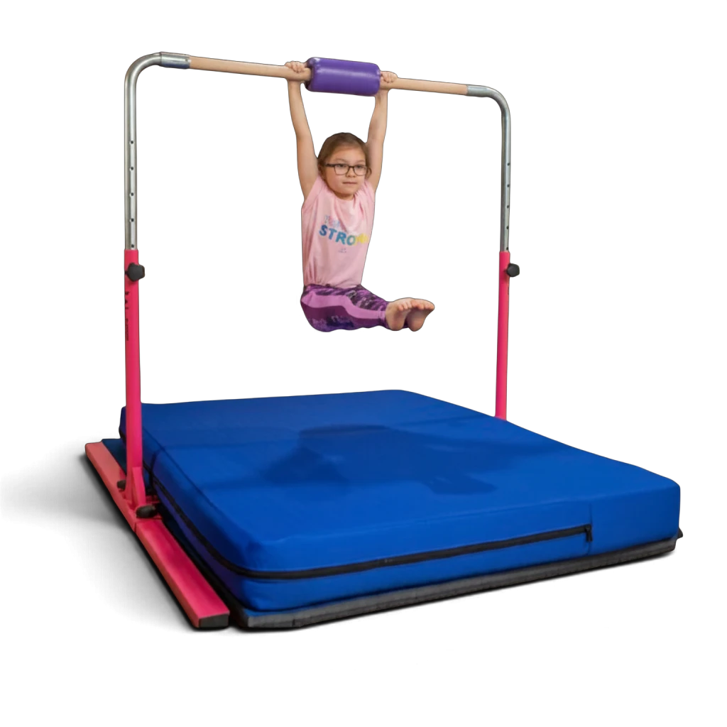 UK Gym Pits Junior Bar Pro with blue practice mat and girl gymnast performing a hang skill on the wooden bar