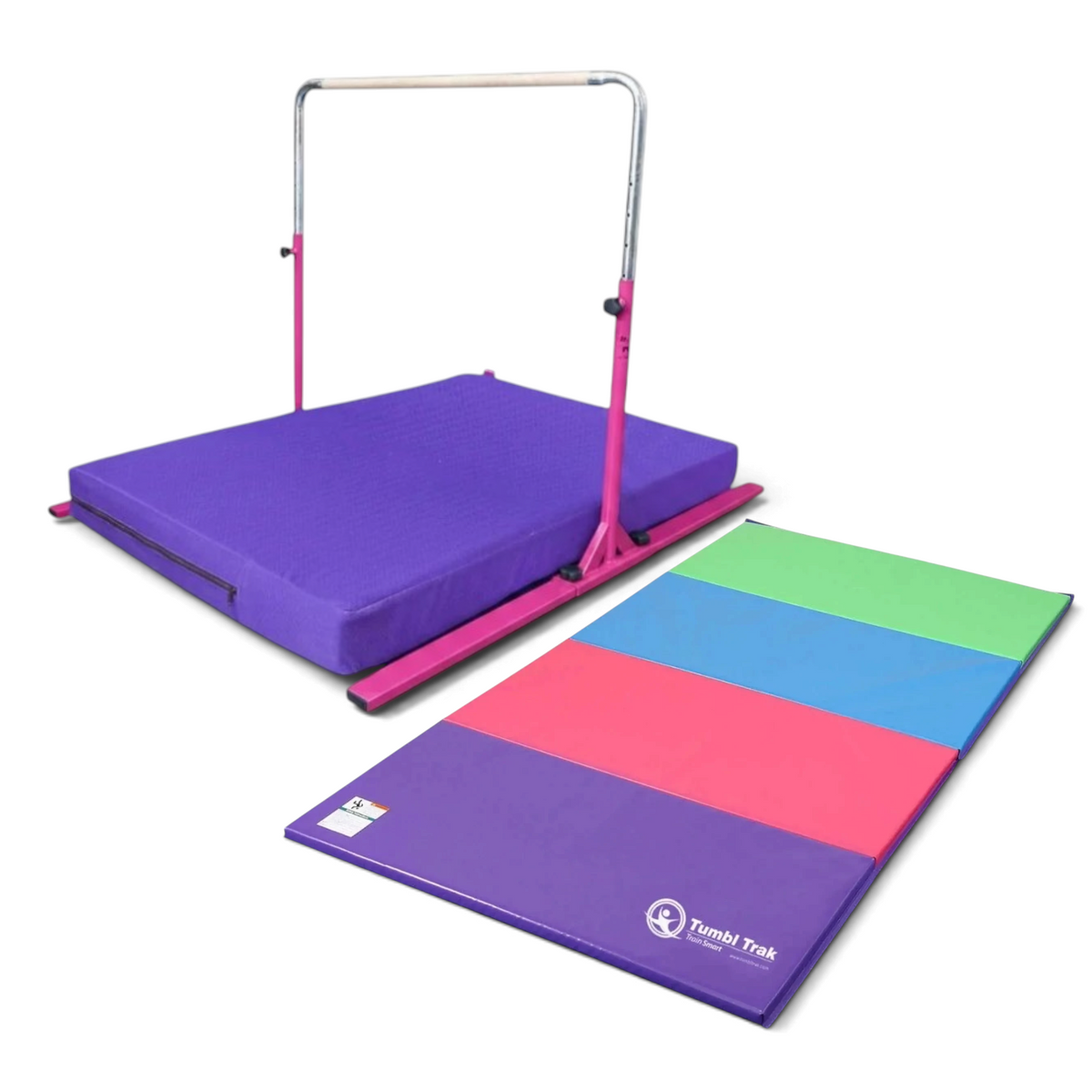 UK Gym Pits Junior Bar Pro package with pink adjustable gymnastics bar, purple practice mat, and folding panel mat.
