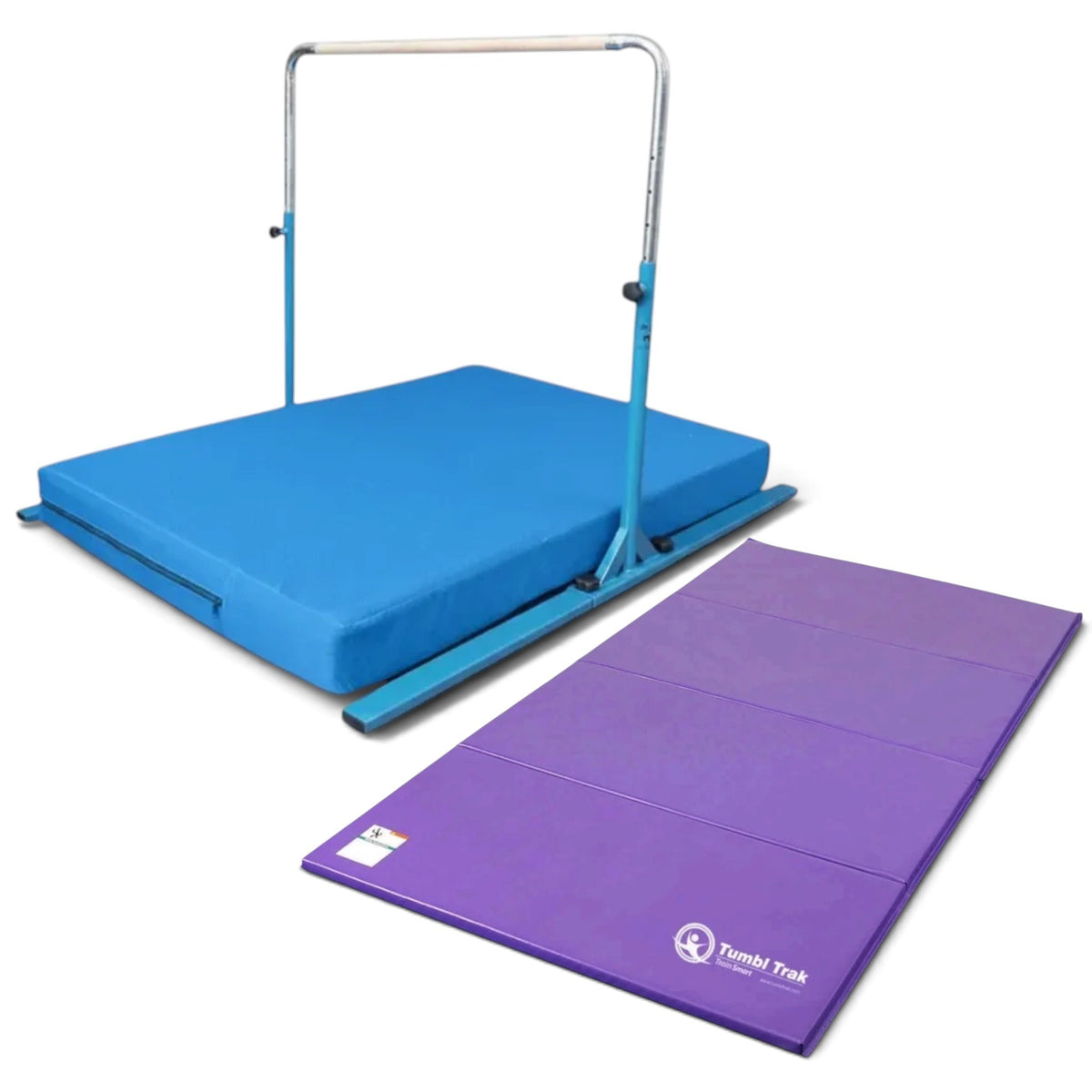 UK Gym Pits Junior Bar Pro gymnastics training set with blue steel bar, blue practice mat, and purple tumbling mat.