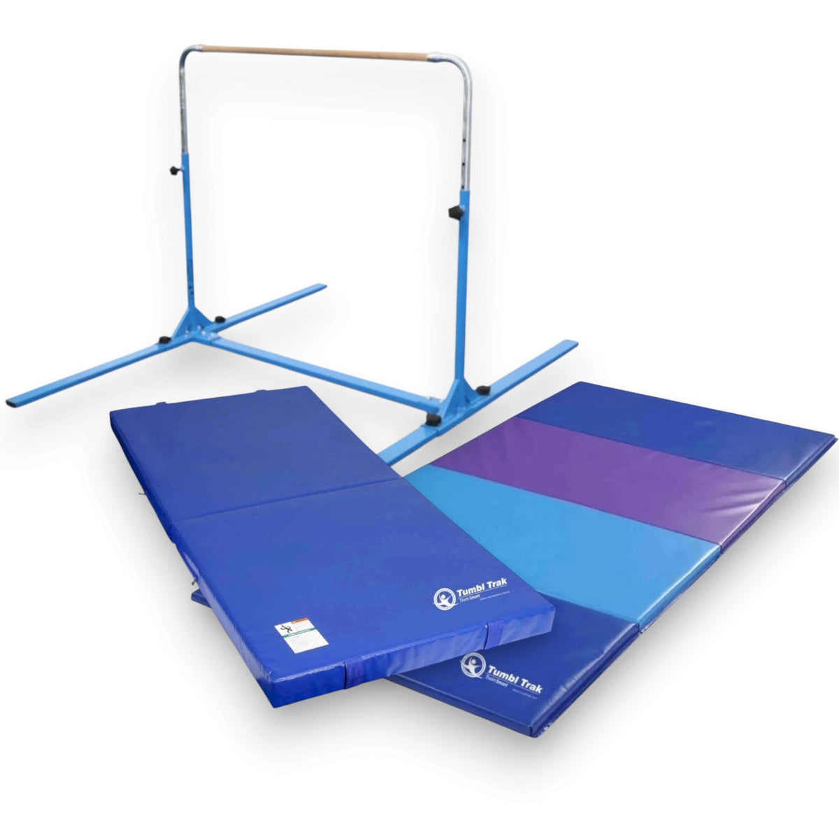 UK Gym Pits Junior Bar Pro package with blue steel gymnastics bar, folding tumbling mat, and practice landing mat.