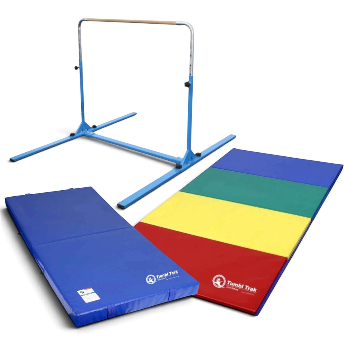 UK Gym Pits Junior Bar Pro gymnastics set with blue steel bar, blue practice mat, and multi-coloured tumbling mat.