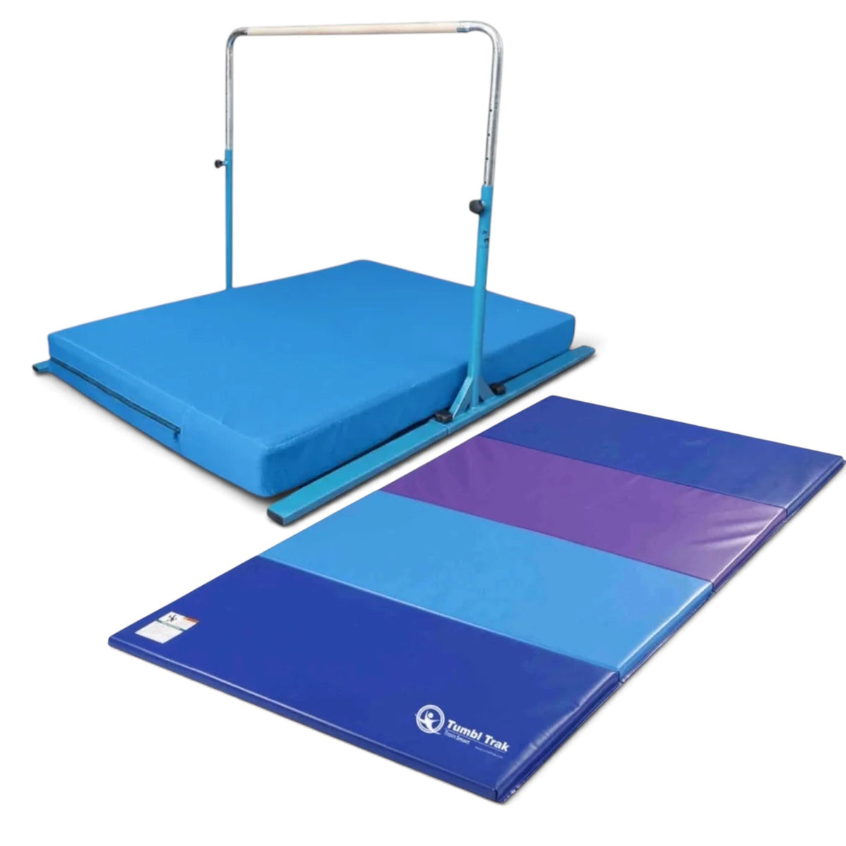 UK Gym Pits Junior Bar Pro package with blue gymnastics bar, practice mat, and a multi-coloured folding tumbling mat.