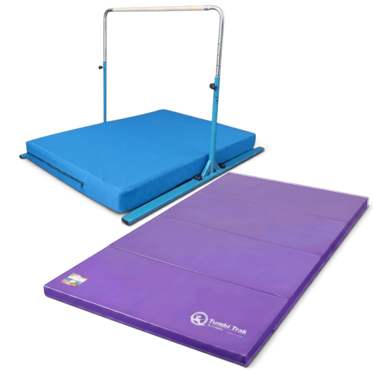 UK Gym Pits Junior Bar Pro gymnastics set with blue adjustable bar, practice mat, and purple folding tumbling mat.