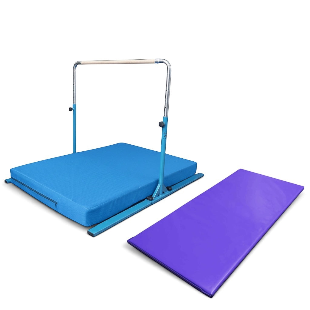 UK Gym Pits Junior Bar Pro package with blue gymnastics bar, blue practice mat, and a purple build-a-mat floor panel.