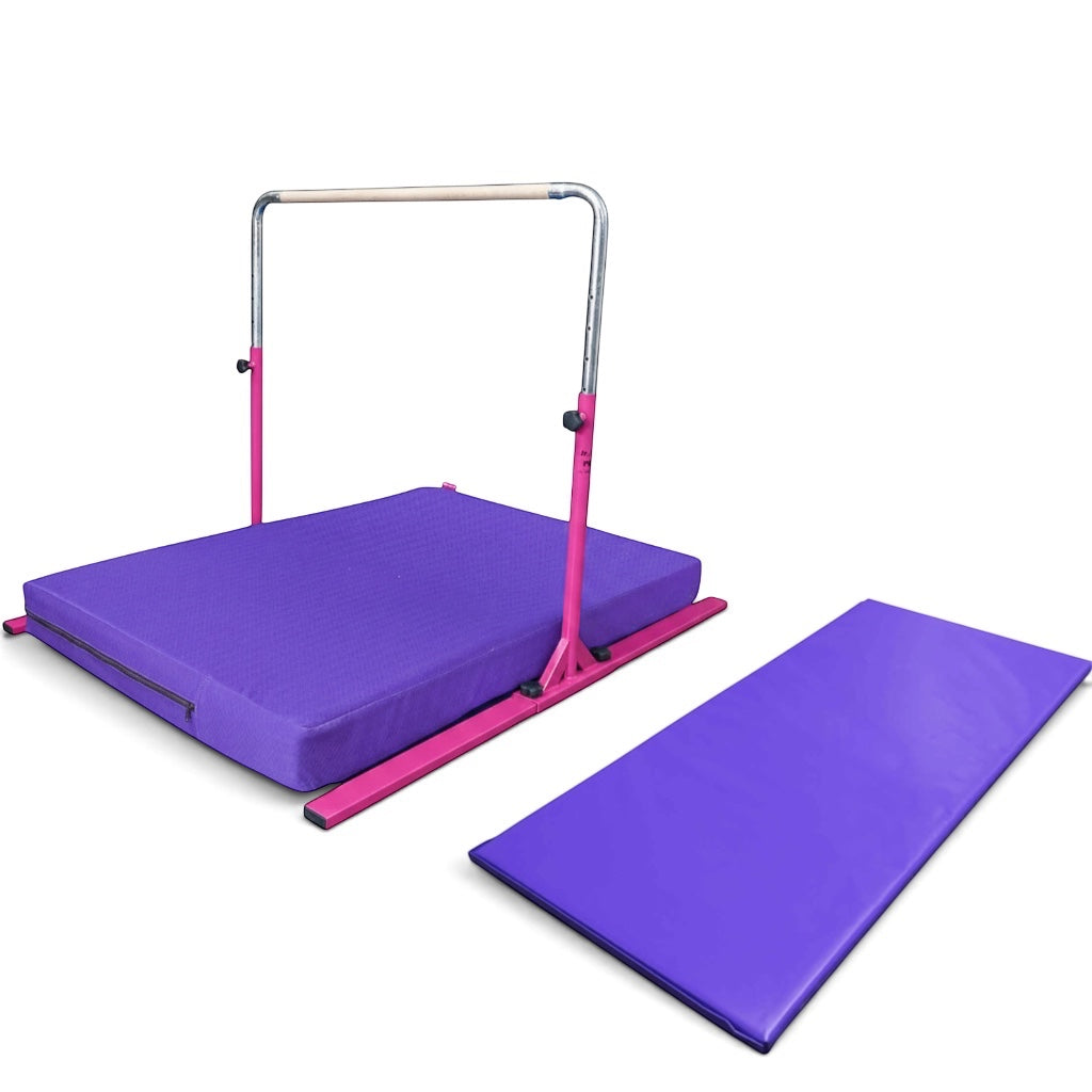 UK Gym Pits Junior Bar Pro package with pink steel frame, wooden bar, purple practice mat, and build a mat panel.