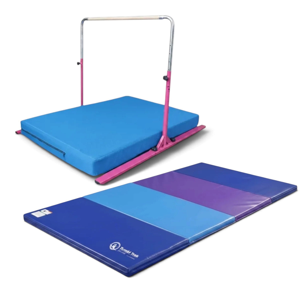 UK Gym Pits Junior Bar Pro package with pink gymnastics bar, blue practice mat, and a folding multi-coloured tumbling mat