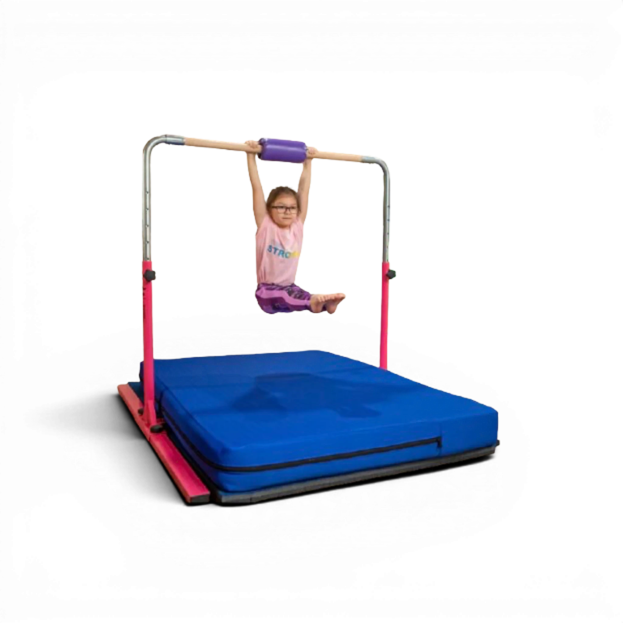 UK Gym Pits Junior Bar Pro package with pink steel frame, wooden bar, blue practice mat, and a young gymnast training.