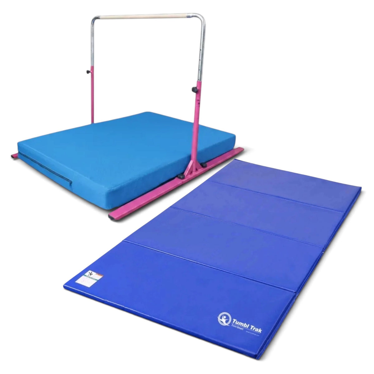 UK Gym Pits Junior Bar Pro gymnastics set with a pink and blue adjustable bar, practice mat, and folding tumbling mat