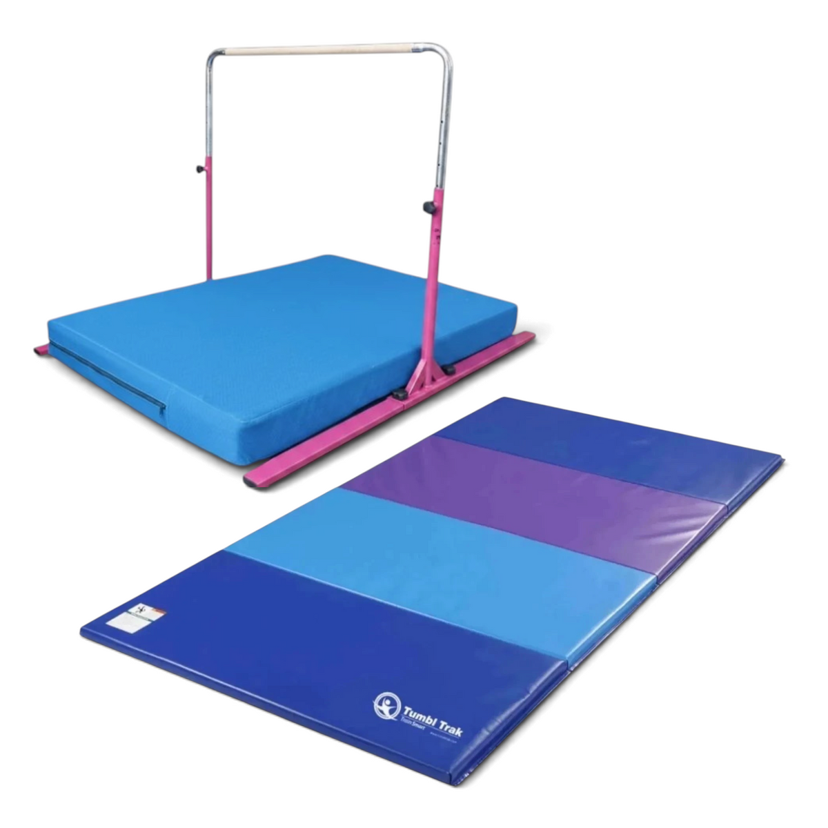 UK Gym Pits Junior Bar Pro gymnastics set with pink bar, blue practice mat, and a folding blue and purple tumbling mat.