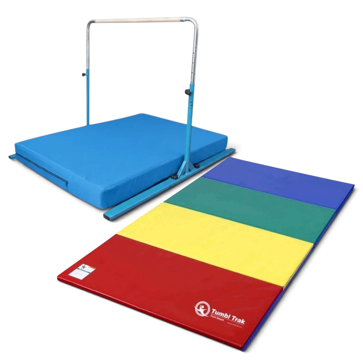 UK Gym Pits Junior Bar Pro package with blue gymnastics bar, practice mat, and multi-coloured folding tumbling mat.