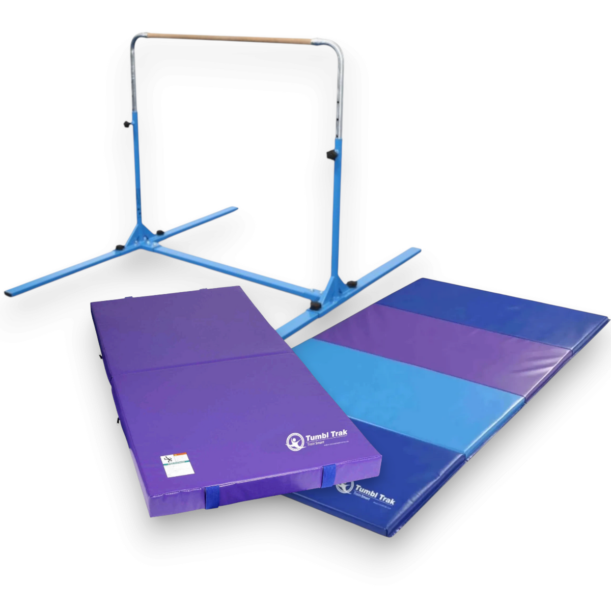 UK Gym Pits Junior Bar Pro package with blue gymnastics bar, purple practice mat, and blue and purple tumbling mat.