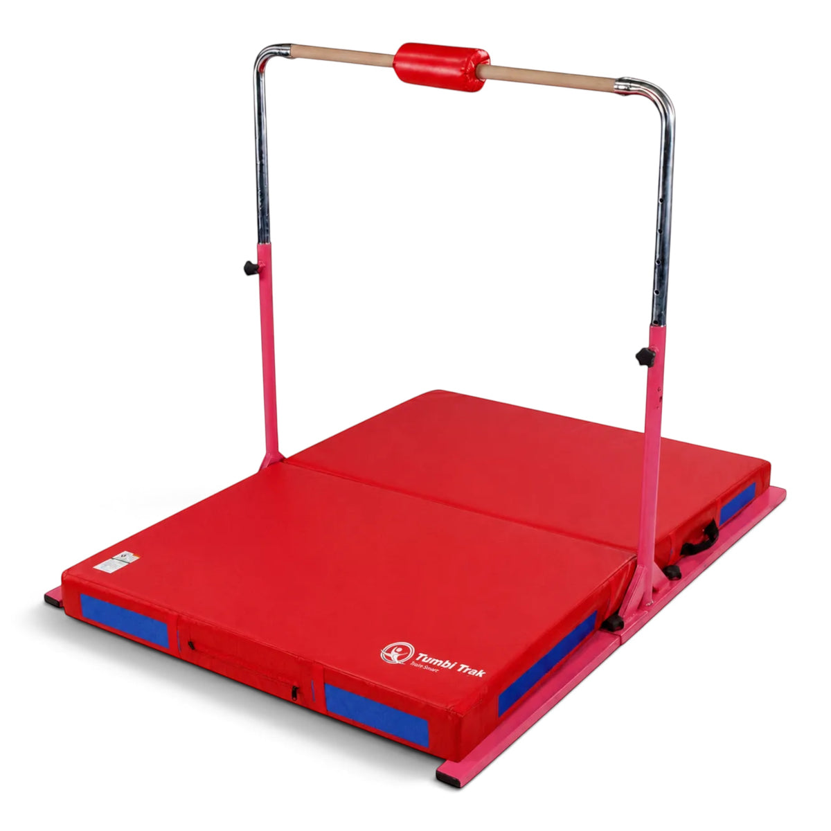 UK Gym Pits Junior Bar Pro gymnastics set featuring a pink adjustable bar, red bar pad, and red and blue practice mat.