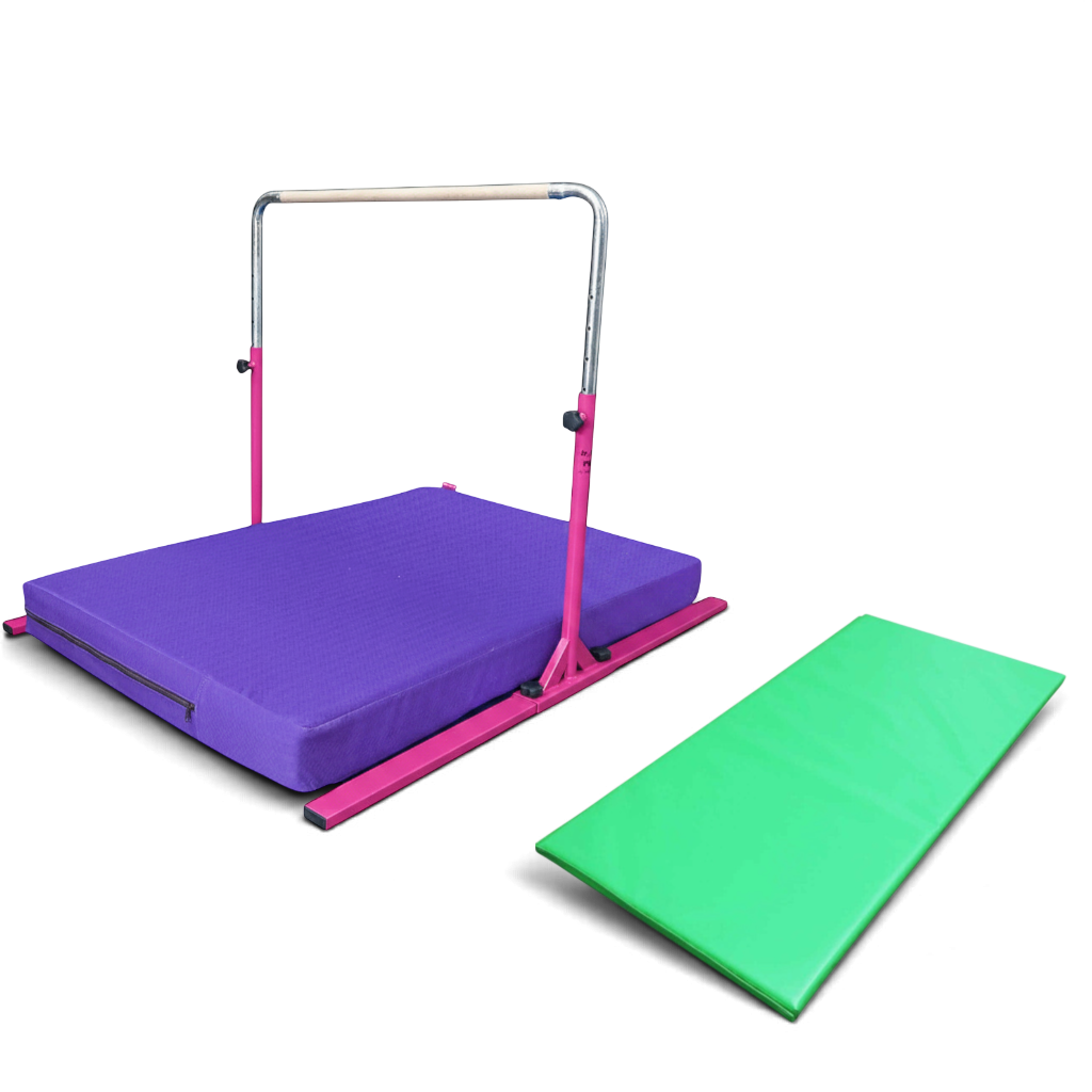 UK Gym Pits Junior Bar Pro package with a pink adjustable gymnastics bar, purple practice mat, and green build-a-mat.
