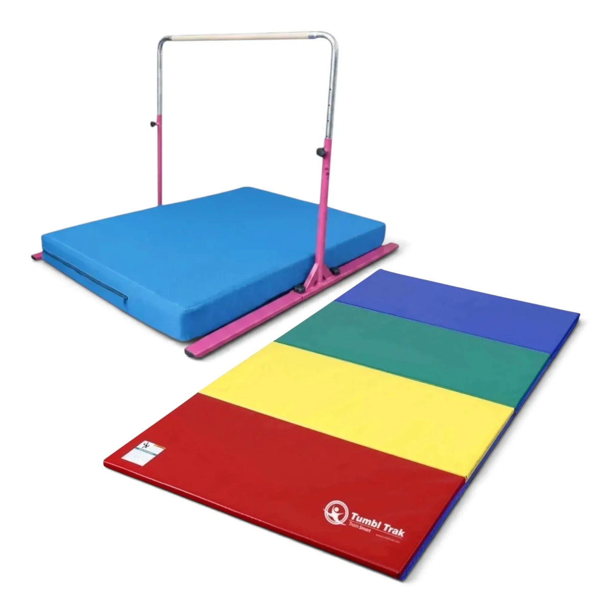 UK Gym Pits Junior Bar Pro package with a pink gymnastics bar, blue practice mat, and a multi-colored tumbling mat.