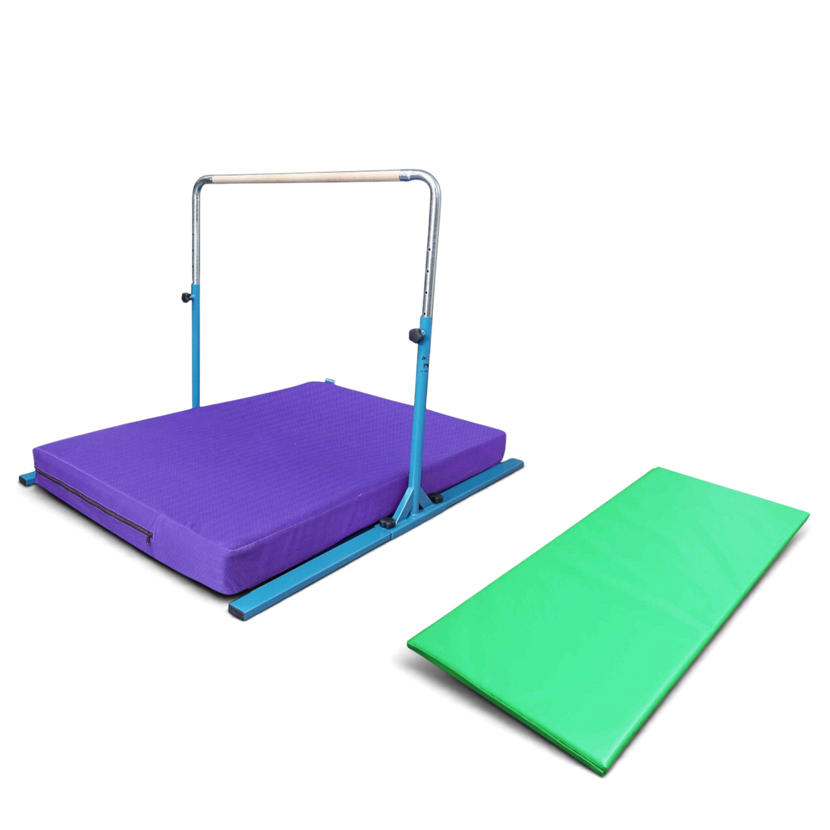 UK Gym Pits Junior Bar Pro package with a blue steel bar, purple practice mat, and a green build-a-mat floor panel.