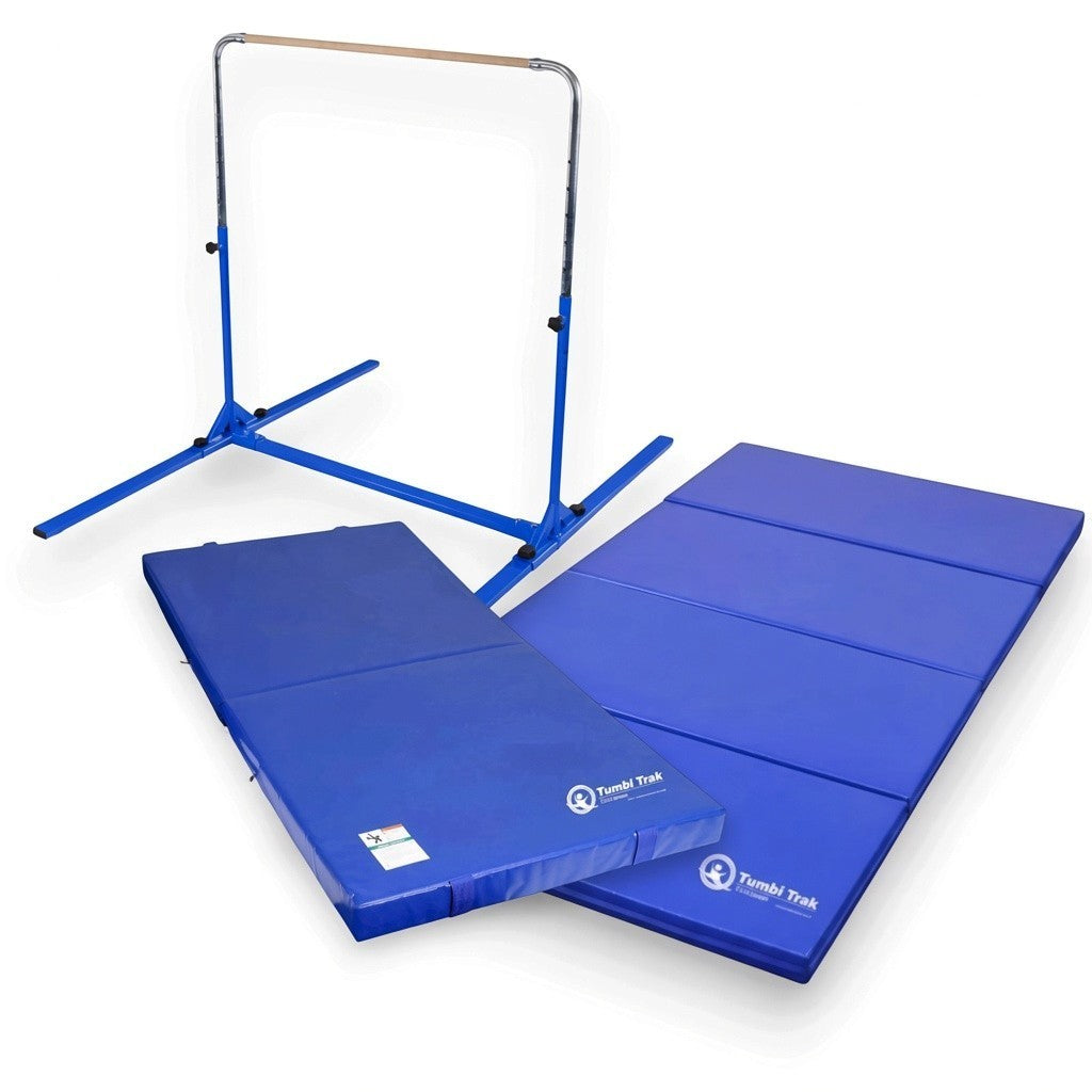 UK Gym Pits Junior Bar Pro package with blue gymnastics bar, practice mat, and folding tumbling mat for home training