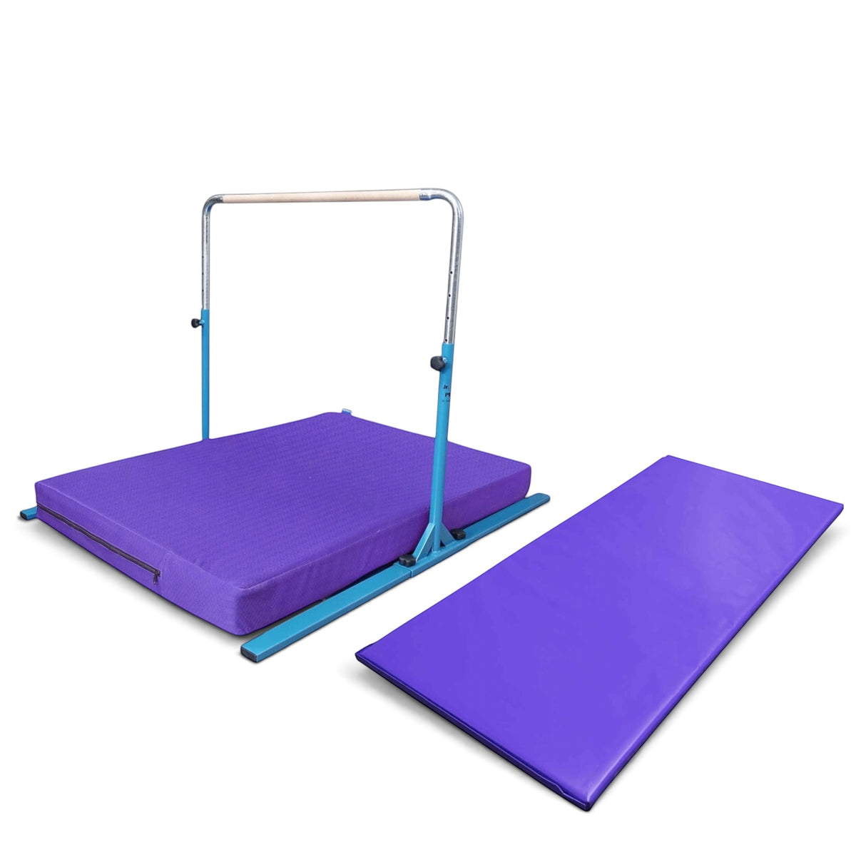 UK Gym Pits Junior Bar Pro package with blue steel bar, purple practice mat, and additional purple build-a-mat panel.