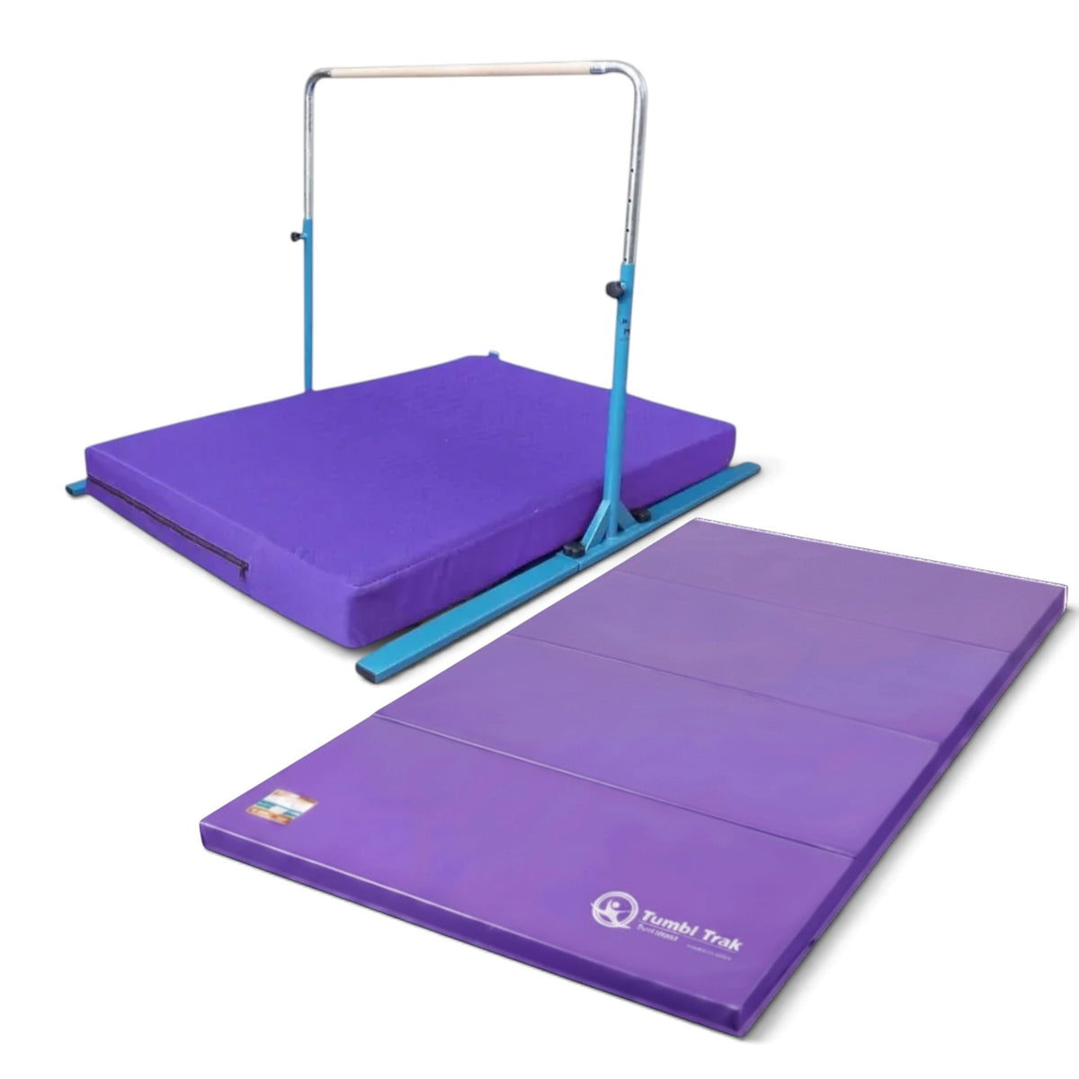 UK Gym Pits Junior Bar Pro package with blue steel bar, purple practice mat, and purple folding tumbling mat.
