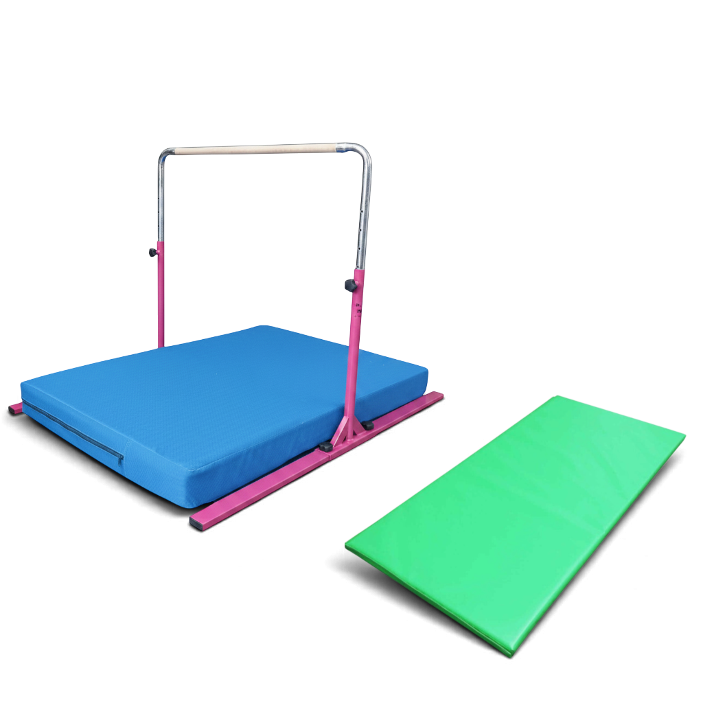 UK Gym Pits Junior Bar Pro package with pink adjustable gymnastics bar, blue practice mat, and green build-a-mat panel.