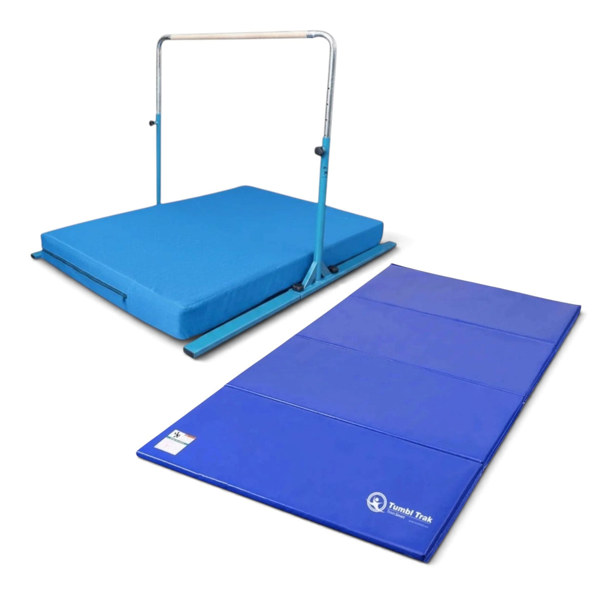 UK Gym Pits Junior Bar Pro package with blue gymnastics bar, practice mat, and folding tumbling mat for home training.