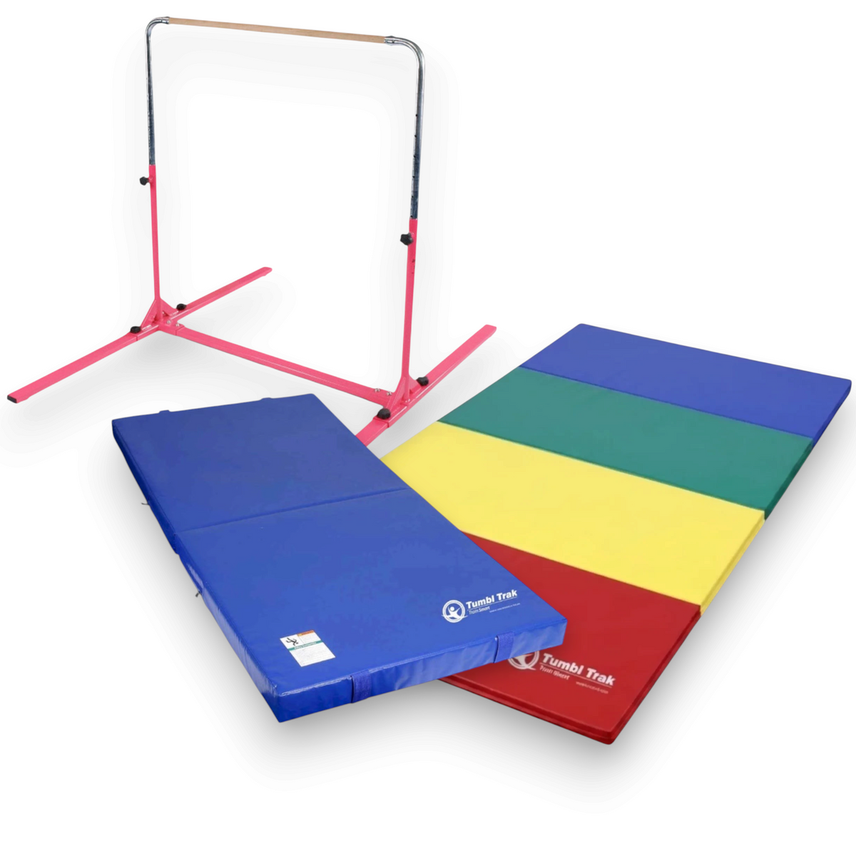 UK Gym Pits Junior Bar Pro package with pink gymnastics bar, blue practice mat, and multi-colored folding tumbling mat