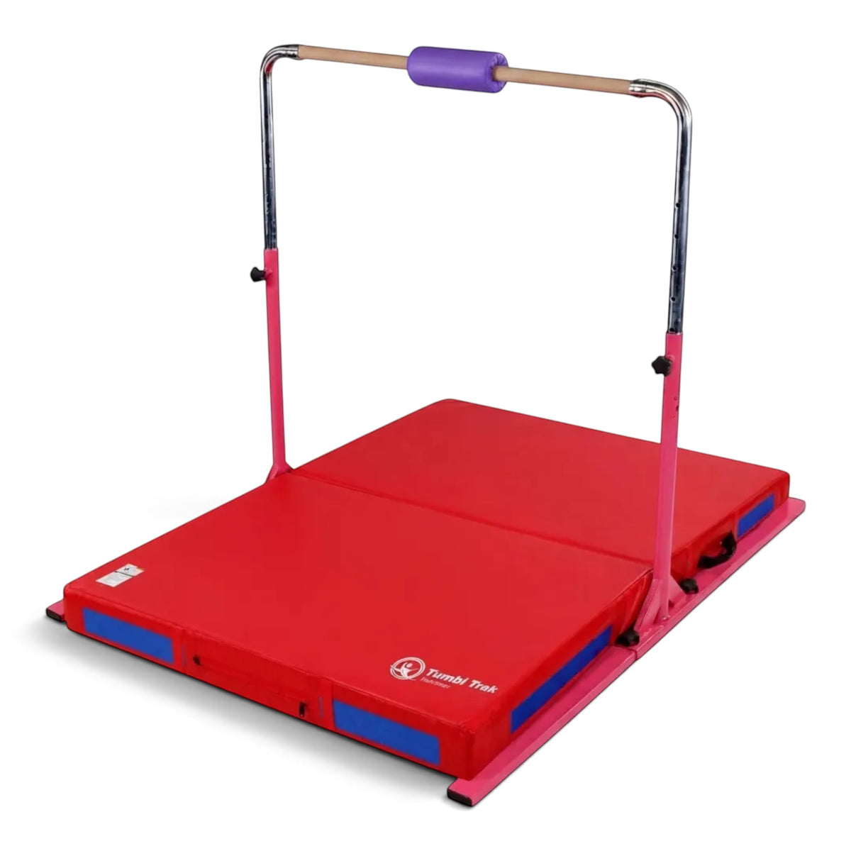UK Gym Pits Junior Bar Pro package with pink steel frame, wooden bar, purple bar pad, and red and blue practice mat.
