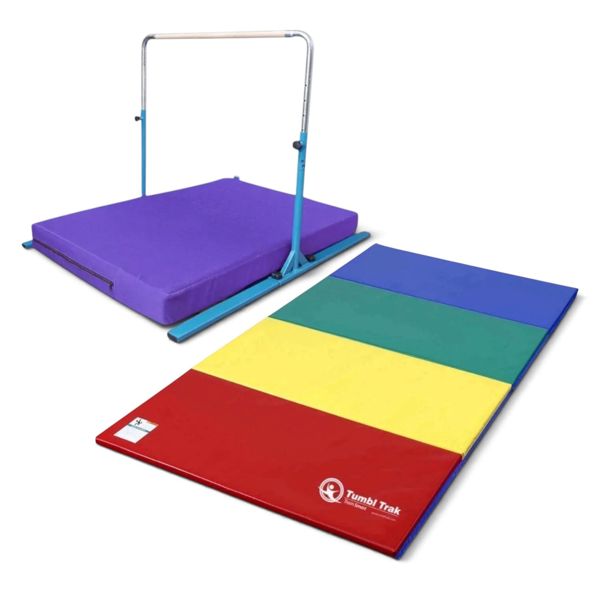 UK Gym Pits Junior Bar Pro Package 2 with blue gymnastics bar, purple practice mat, and multi-coloured tumbling mat.