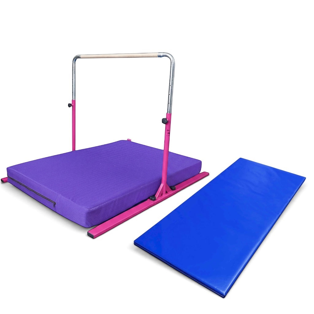 UK Gym Pits Junior Bar Pro package with pink adjustable gymnastics bar, purple practice mat, and blue build-a-mat.