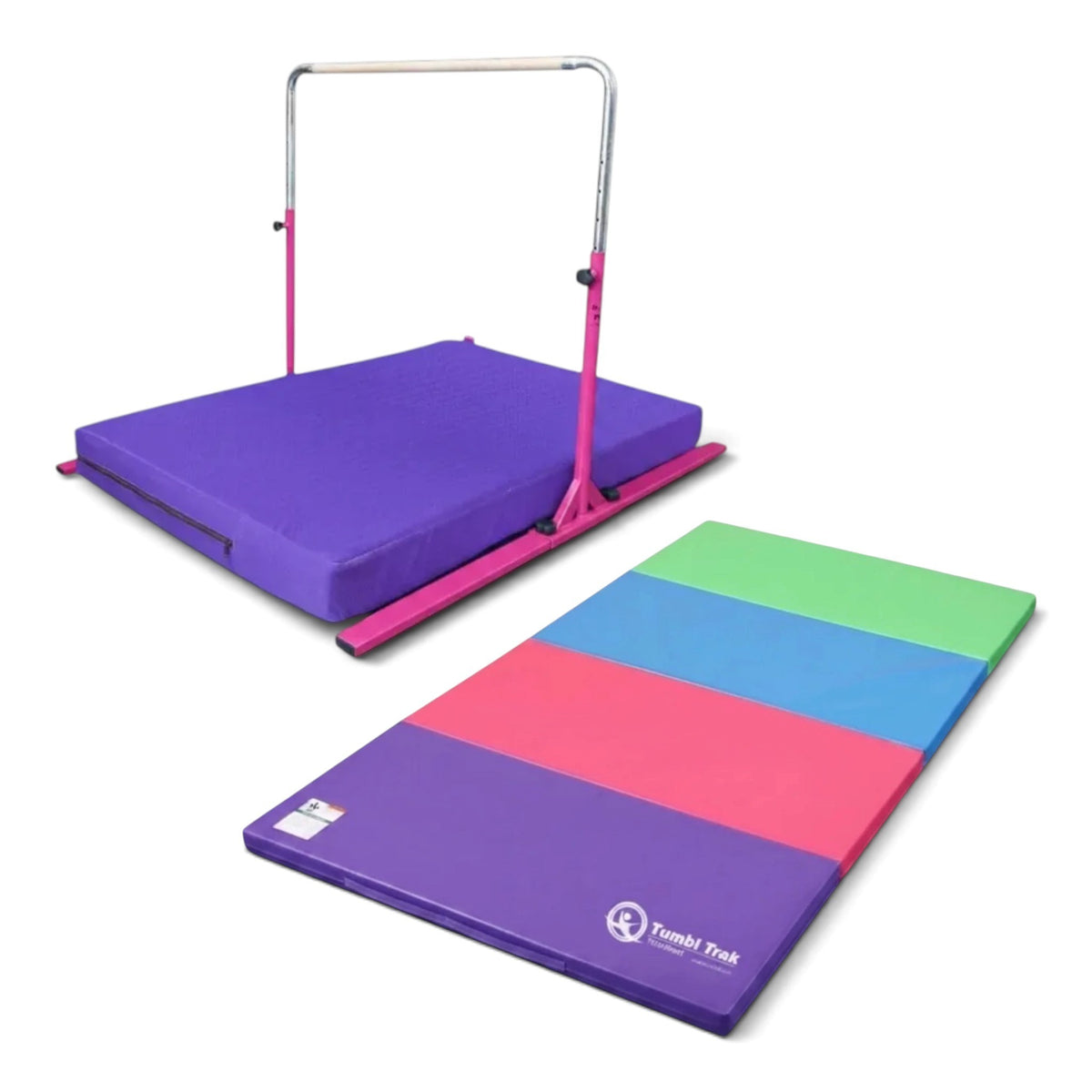 UK Gym Pits Junior Bar Pro package with a pink gymnastics bar, purple practice mat, and a multi-coloured tumbling mat.