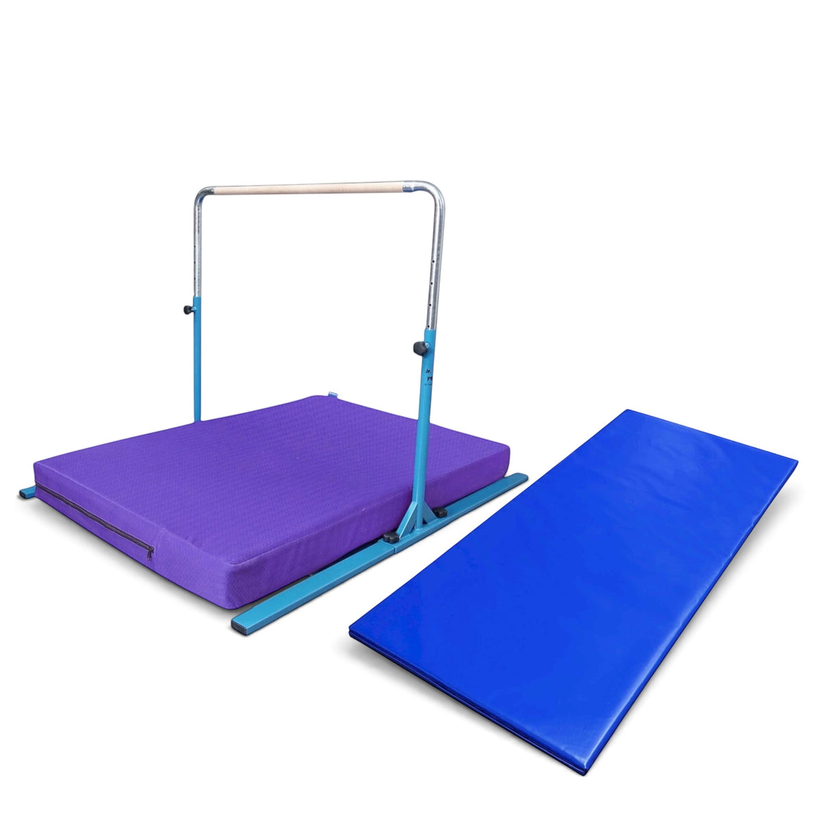 UK Gym Pits Junior Bar Pro package with blue steel frame, wooden bar, purple practice mat, and blue build-a-mat.