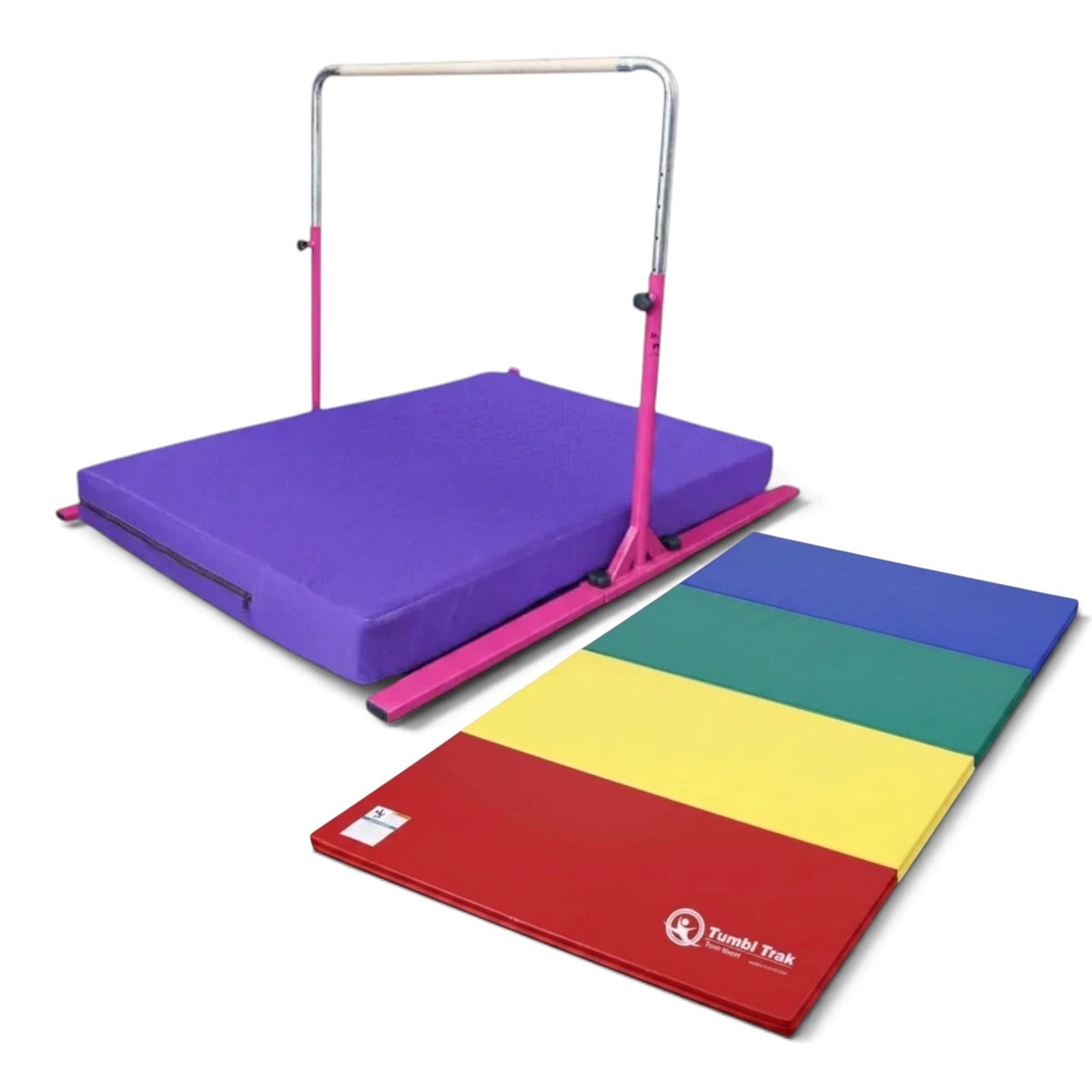 UK Gym Pits Junior Bar Pro package with pink adjustable gymnastics bar, purple practice mat, and multi-coloured mat.
