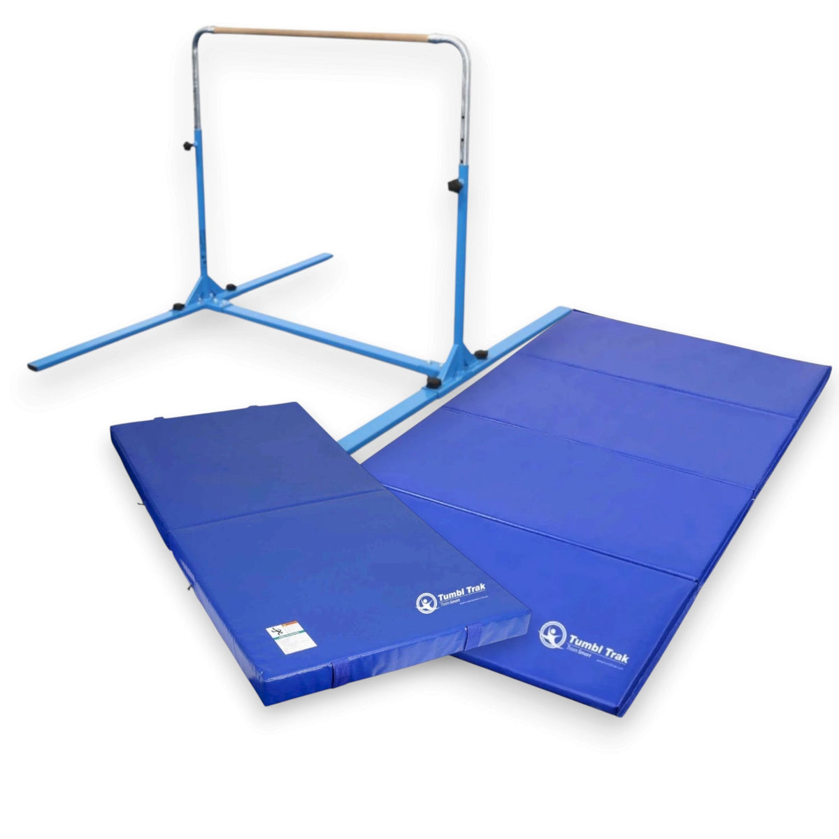 UK Gym Pits Junior Bar Pro package with blue gymnastics bar, practice mat, and folding tumbling mat for home training.